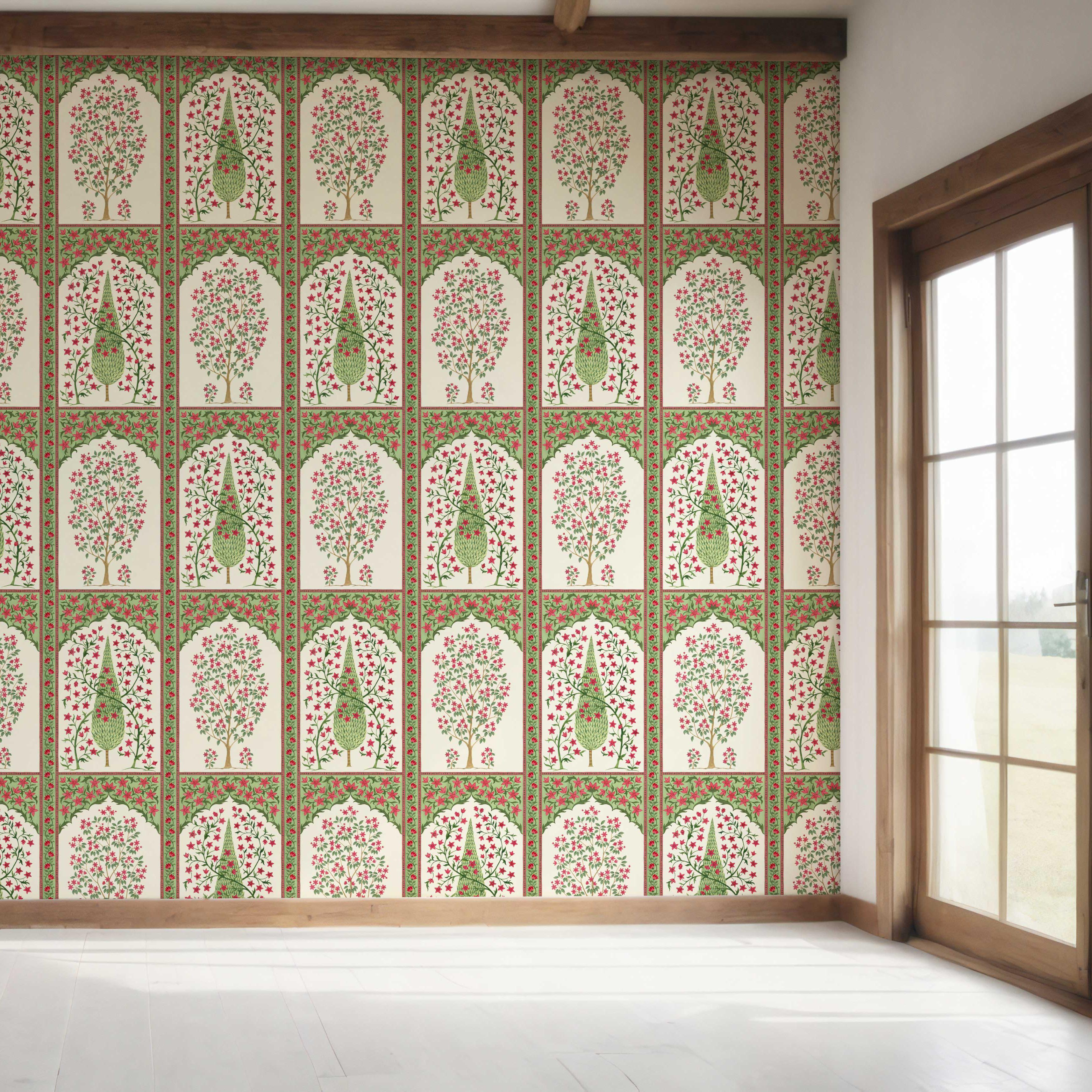 Vintage Ethnic Floral Block Print Bedroom Wallpaper Sample (Pink/ Red/ Green)