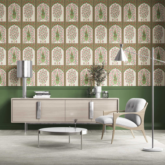 Vintage Ethnic Floral Block Print Traditional Wallpaper Sample (Pink/ Red/ Green)
