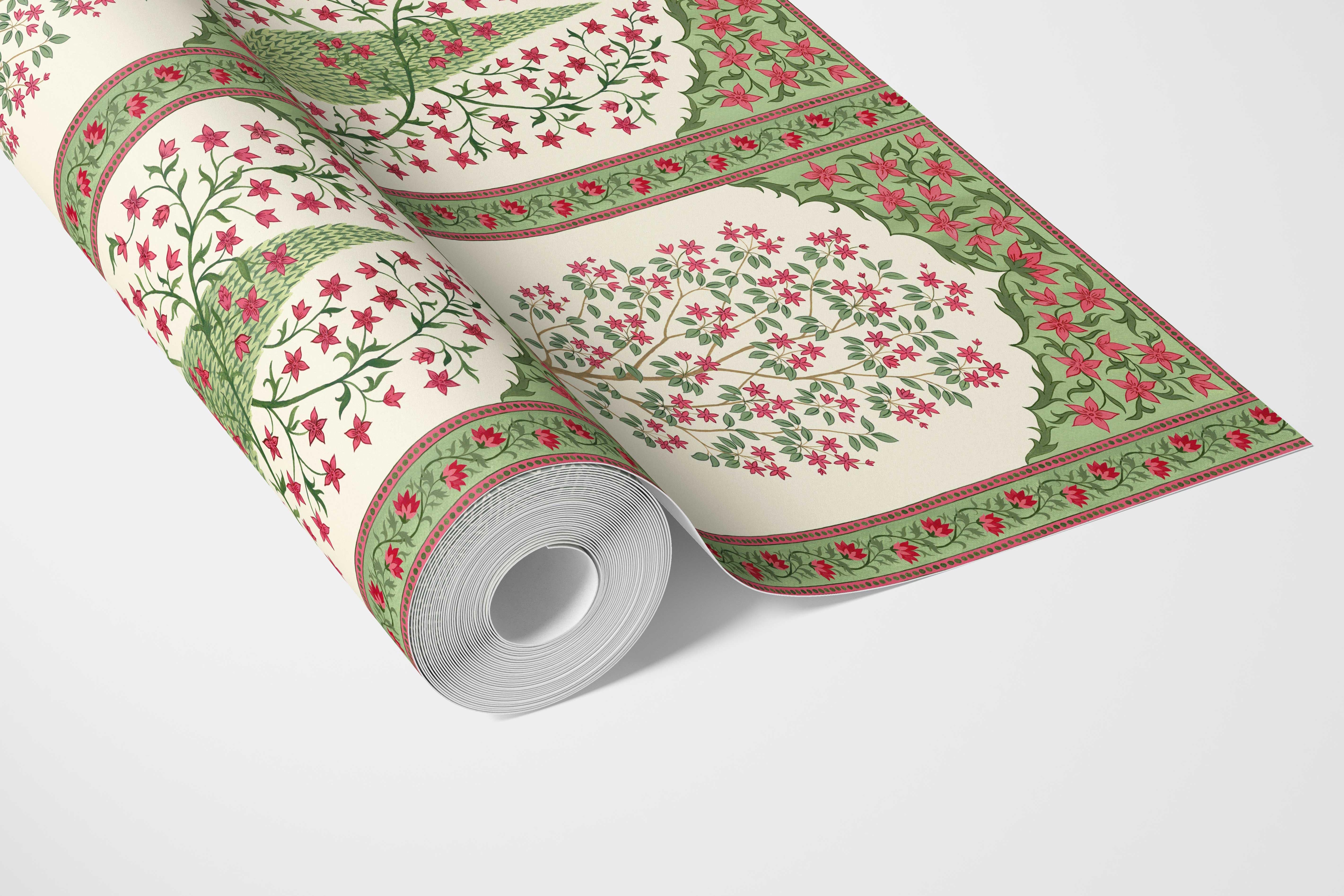 Vintage Ethnic Floral Block Print Bathroom Wallpaper Sample (Pink/ Red/ Green)