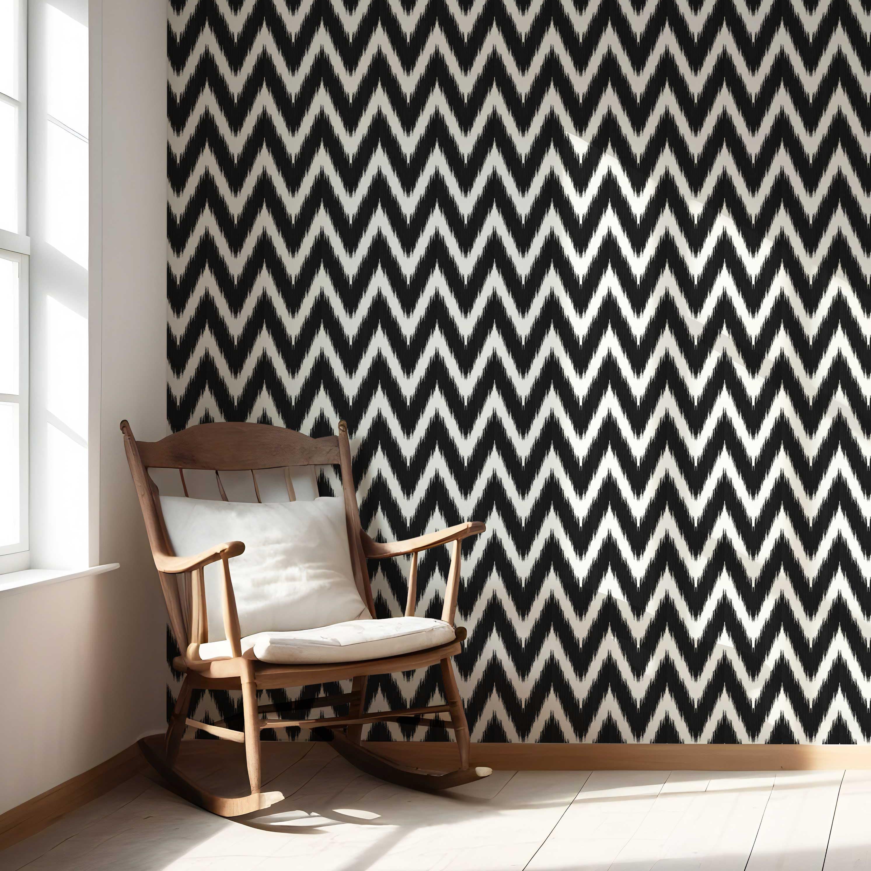 Neutral Chevron/ Zigzag Geometric Nursery Wallpaper Sample (Black/ White)