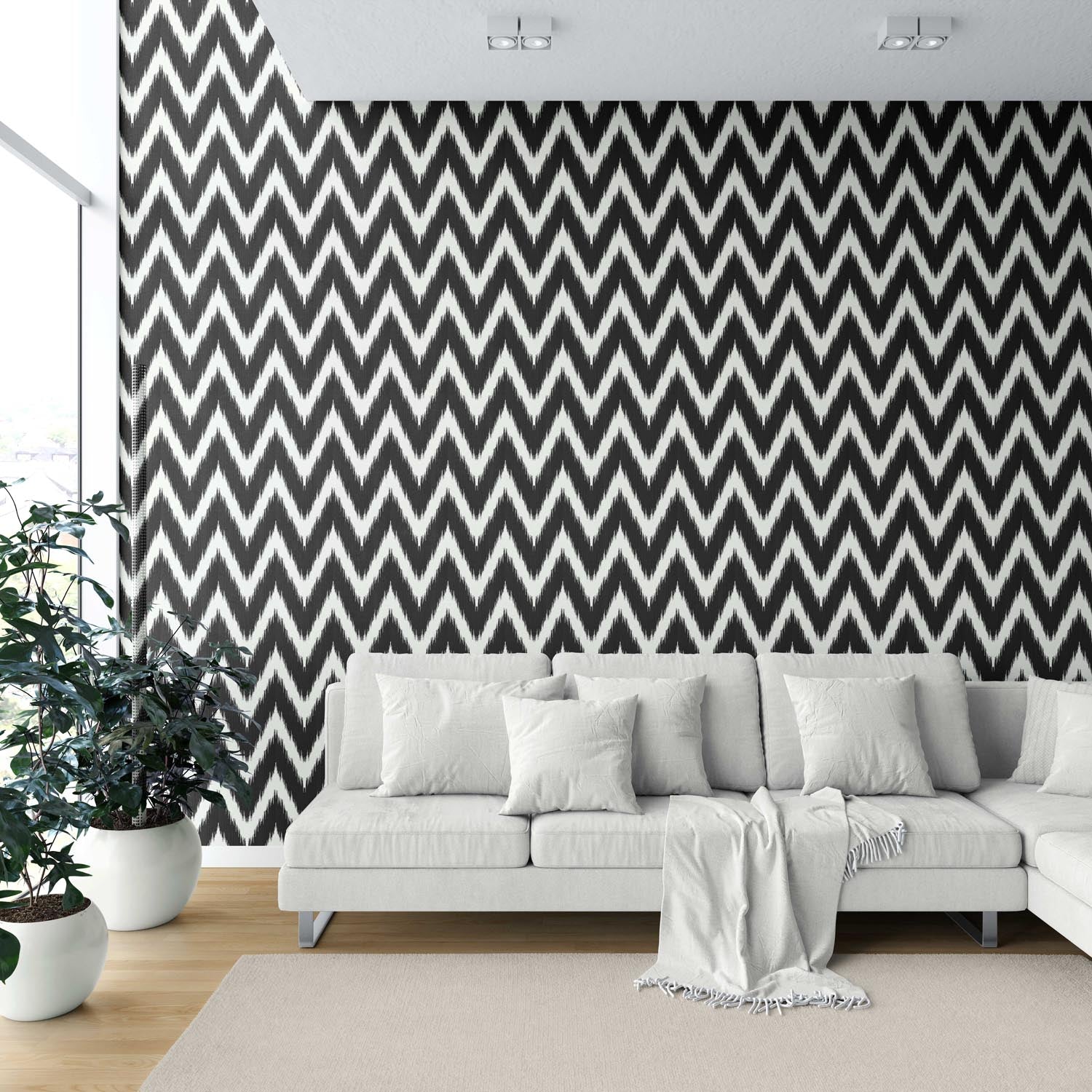Neutral Chevron/ Zigzag Geometric Shower Toilet Wallpaper (Black/ White)
