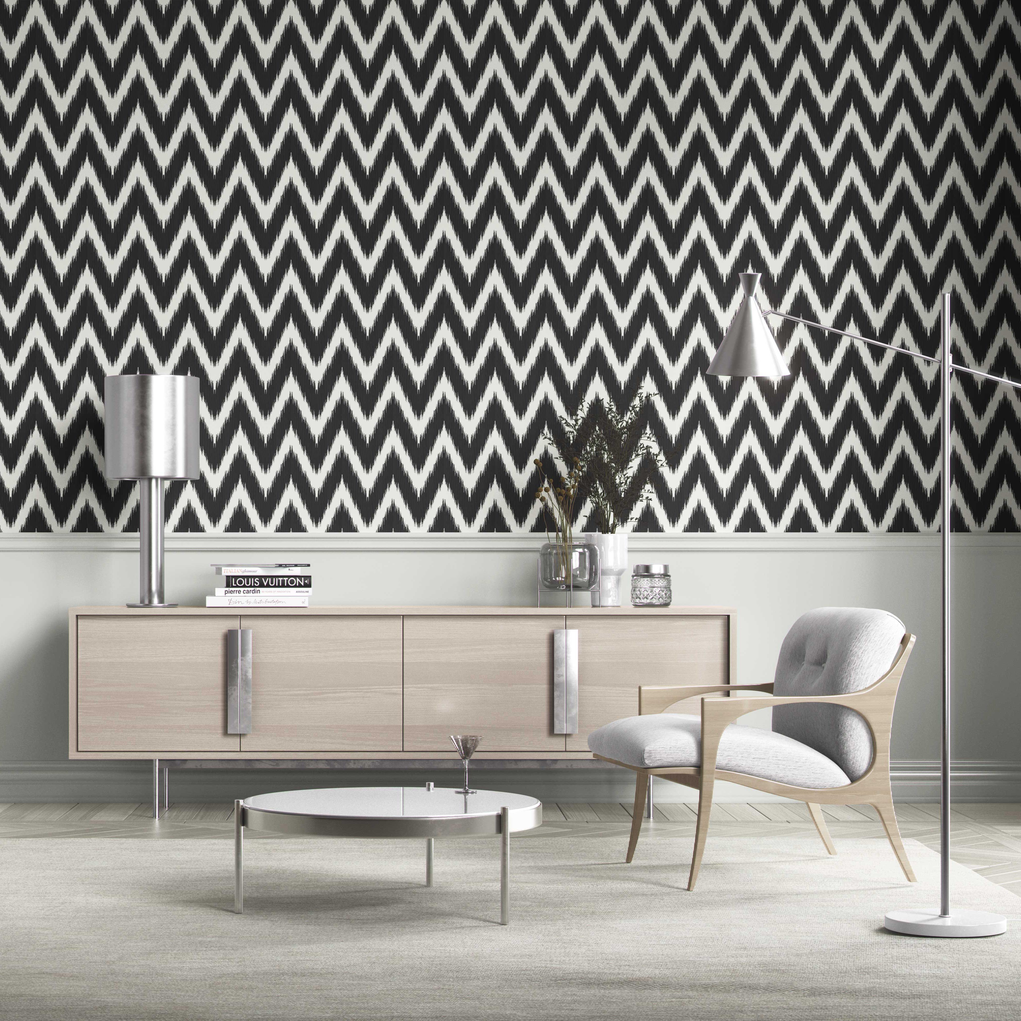 Neutral Chevron/ Zigzag Geometric Traditional Wallpaper (Black/ White)