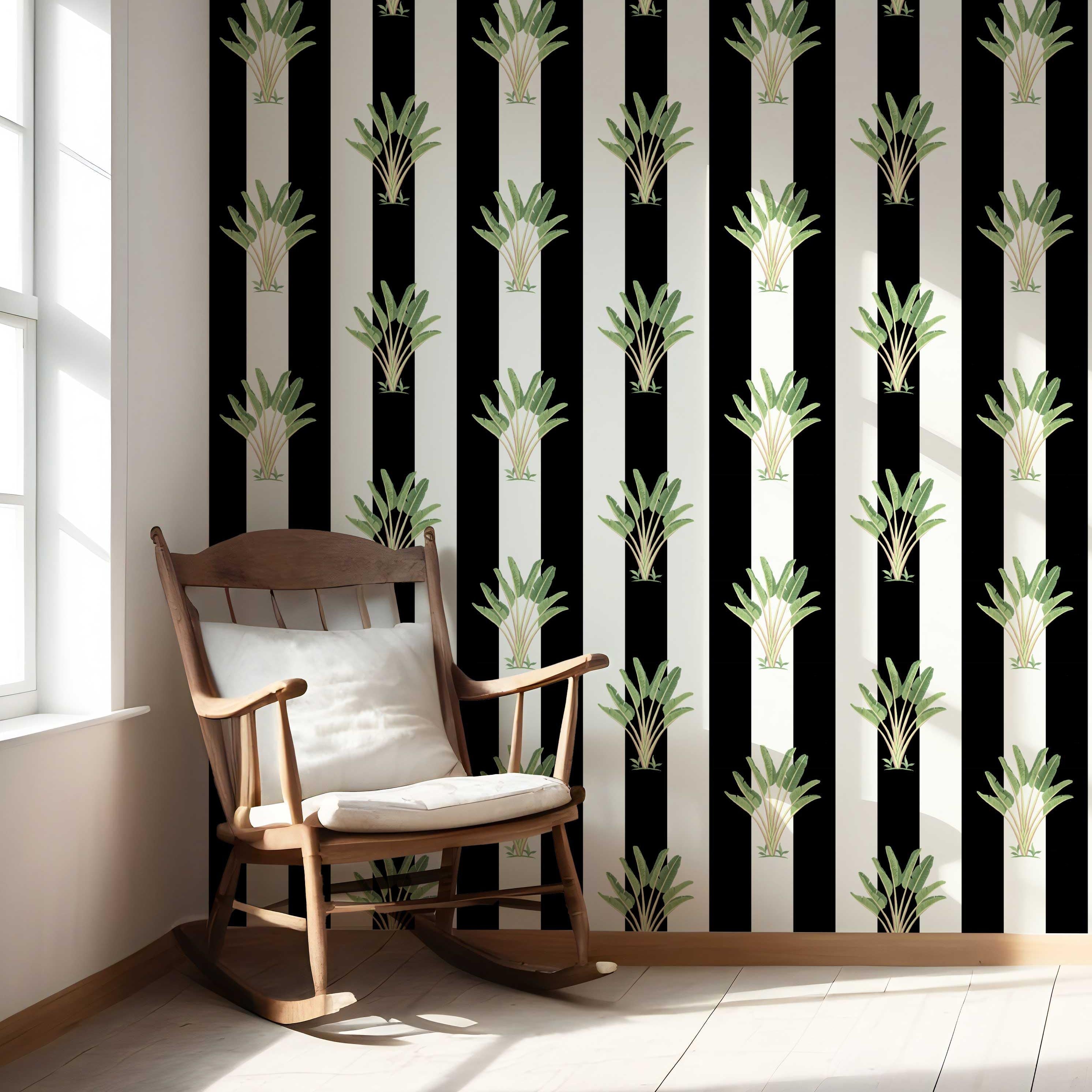 Geometric Floral Striped Nursery Wallpaper (Black/ White/ Green)