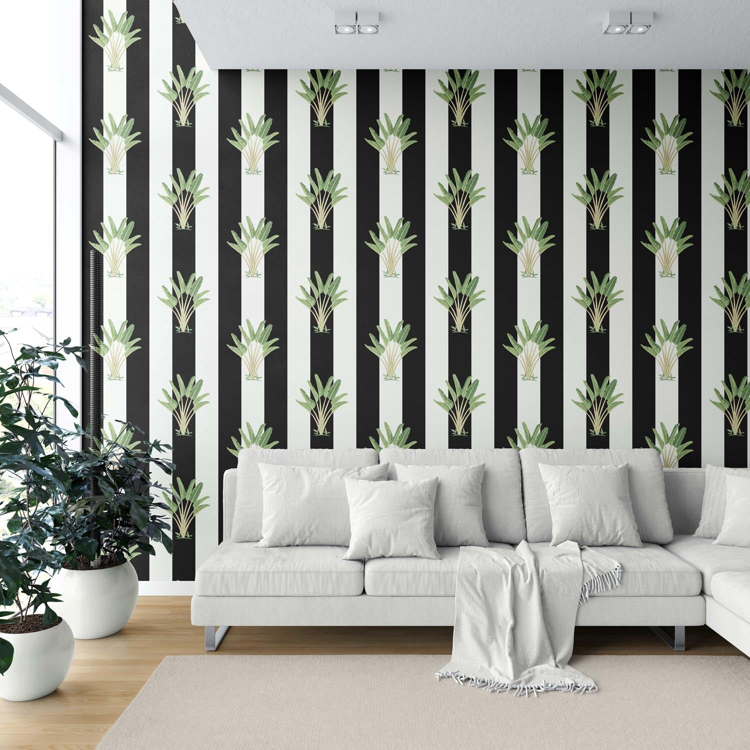 Geometric Floral Striped Shower Toilet Wallpaper (Black/ White/ Green)