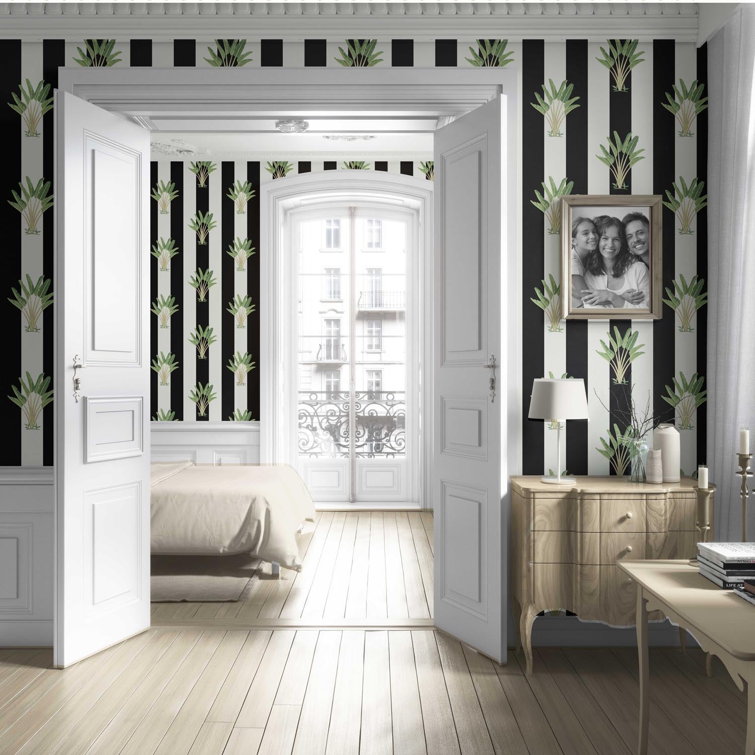 Geometric Floral Striped Living Room Wallpaper (Black/ White/ Green)