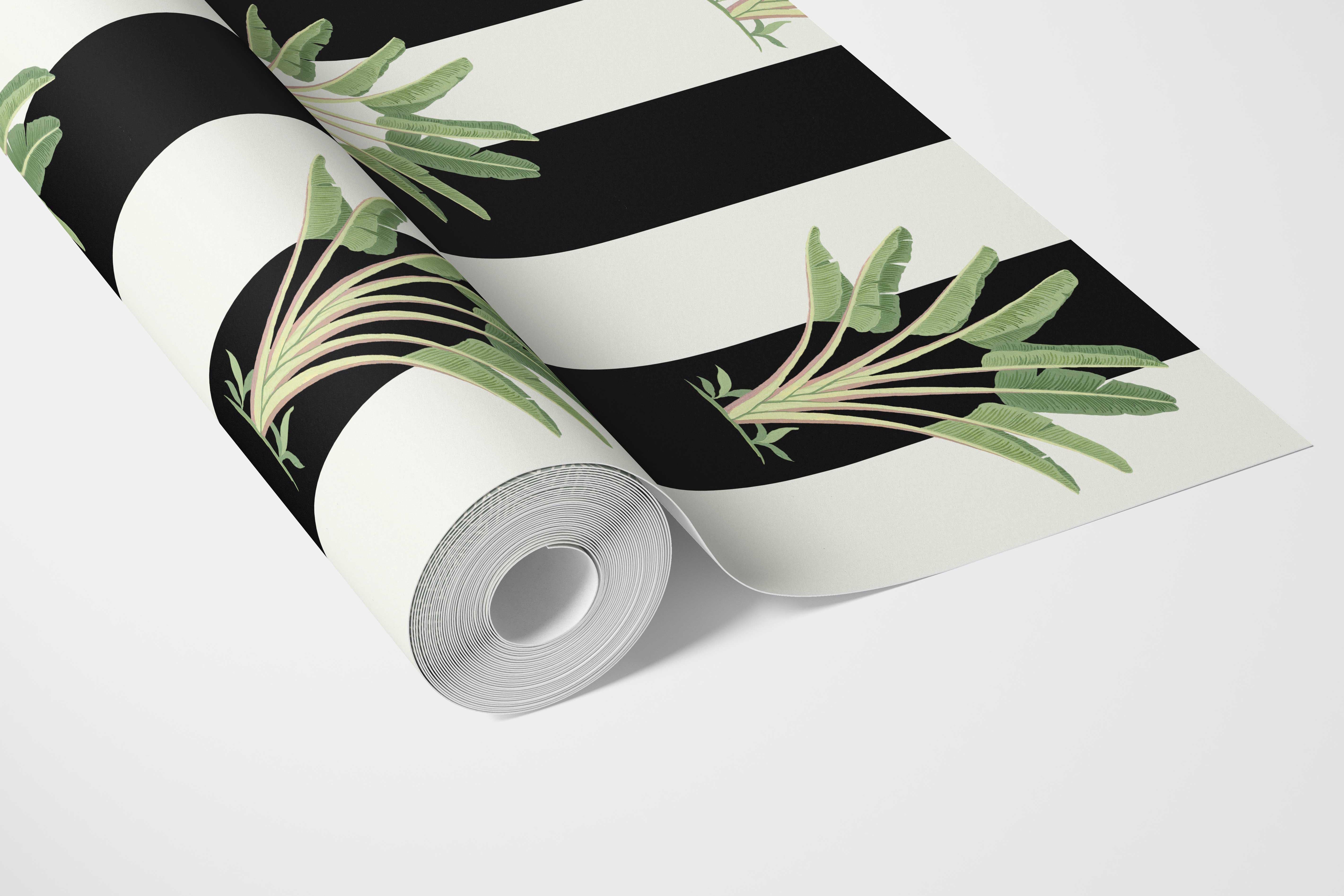 Geometric Floral Striped Bathroom Wallpaper (Black/ White/ Green)