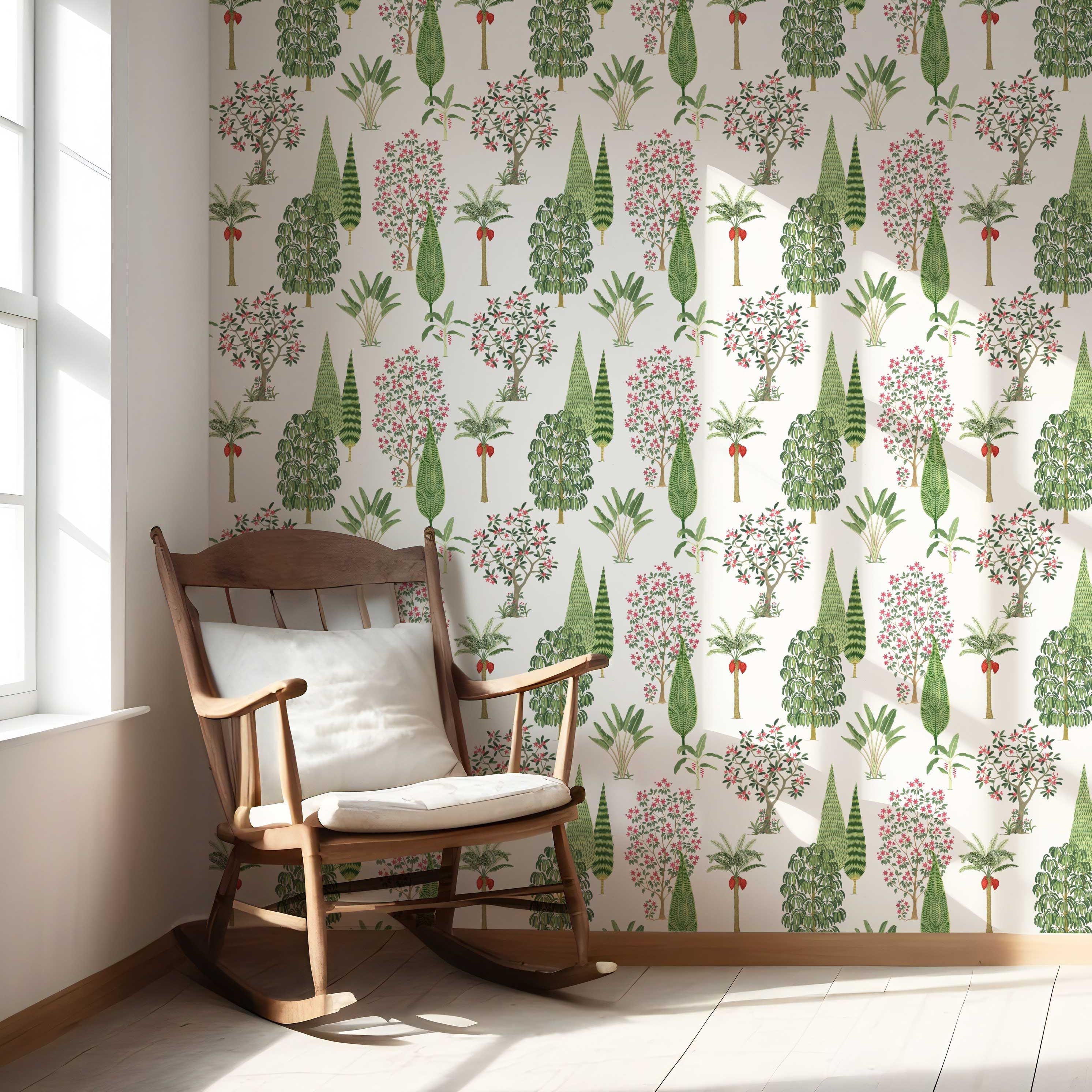 Bohemian Botanical Floral Block Print Nursery Wallpaper (Green/ Pink/ Red/ White)