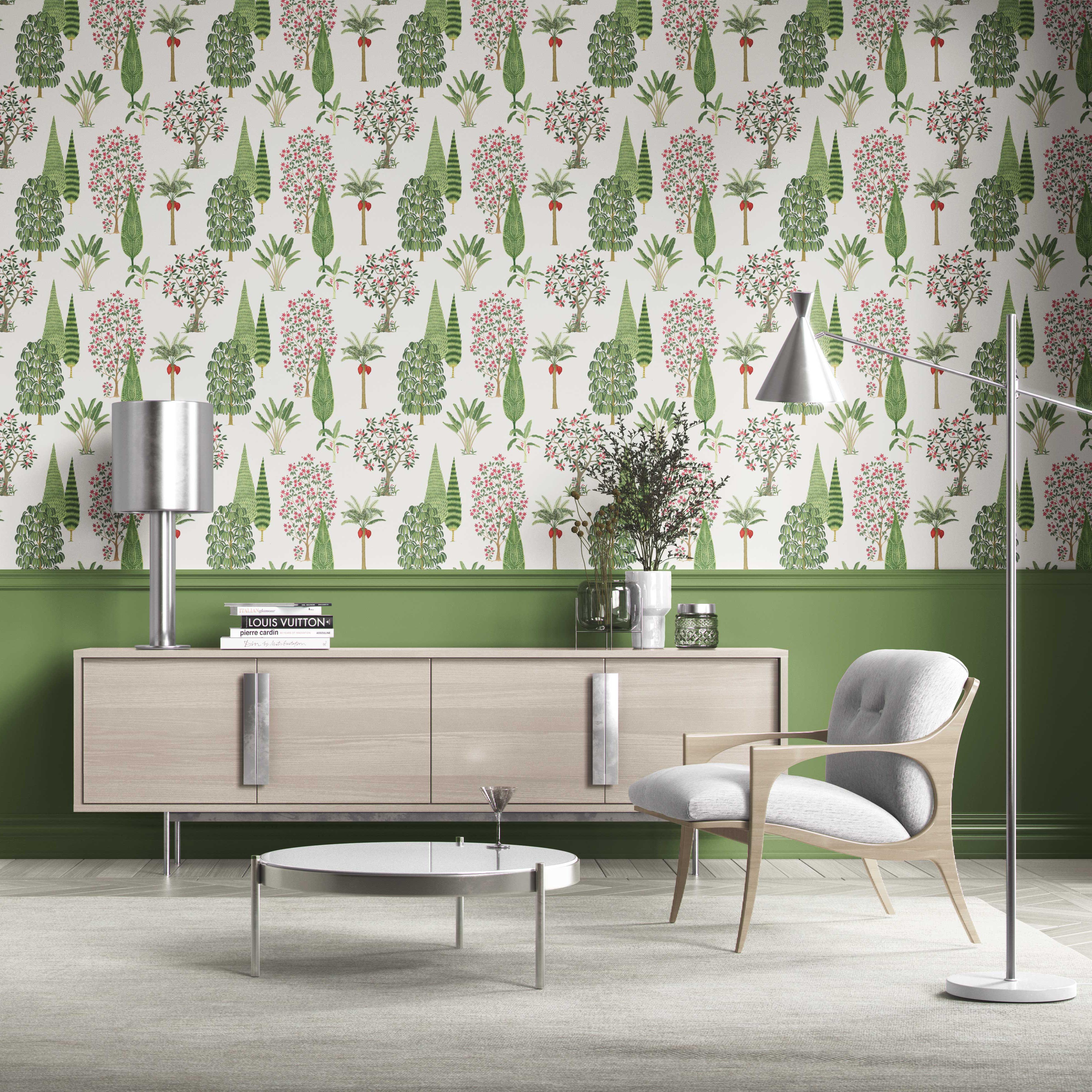 Bohemian Botanical Floral Block Print Traditional Wallpaper (Green/ Pink/ Red/ White)