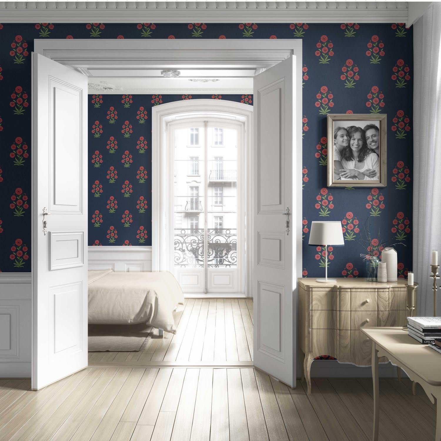 Botanical Floral Block Print Living Room Wallpaper Sample (Navy Blue/ Red/ Green)