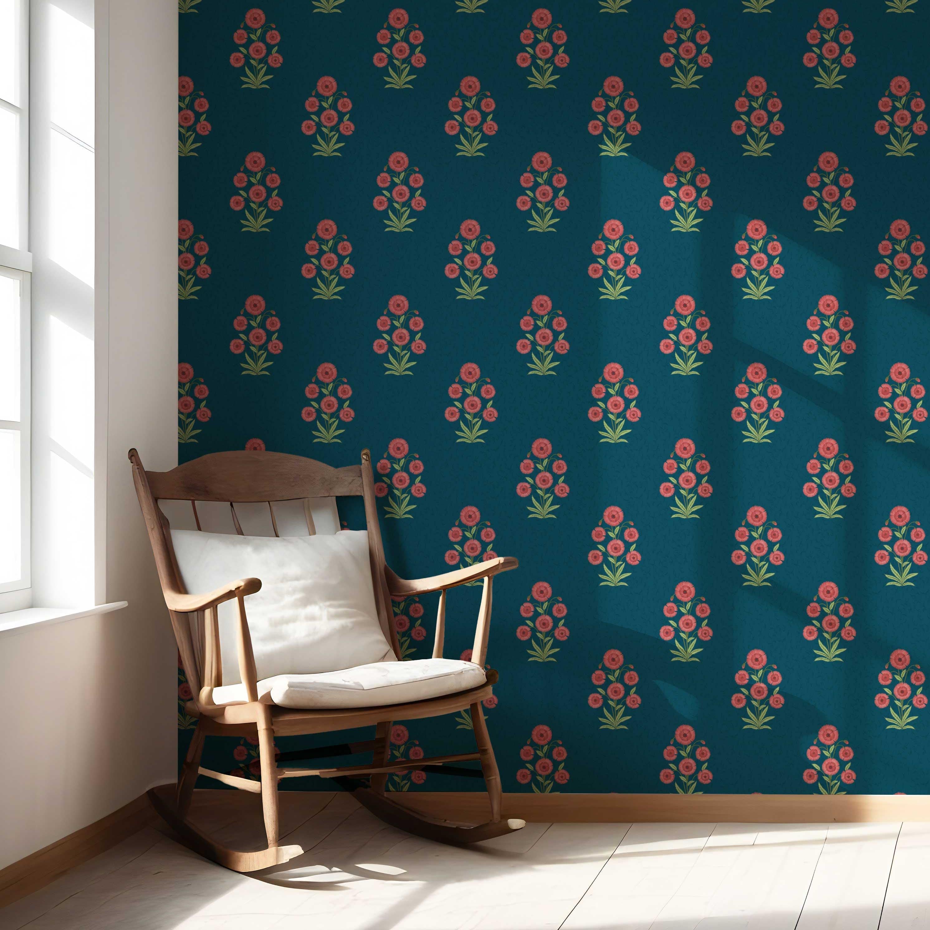 Botanical Floral Block Print Nursery Wallpaper Sample (Teal Blue/ Red-Pink/ Green)