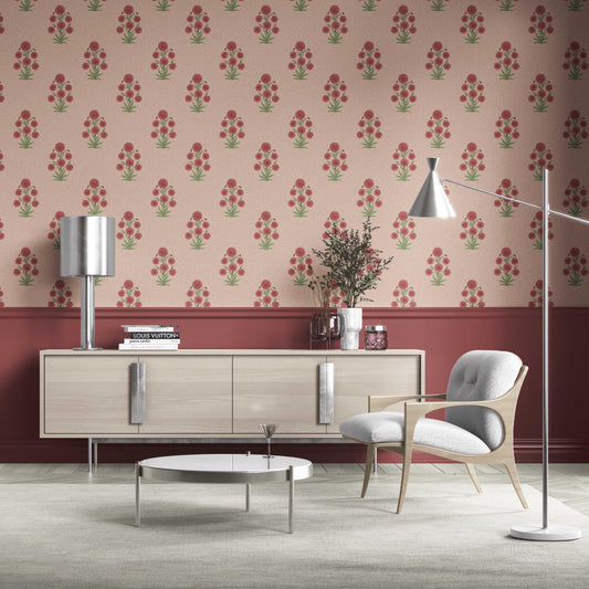 Botanical Floral Block Print Traditional Wallpaper Sample (Pink/ Red/ Green)
