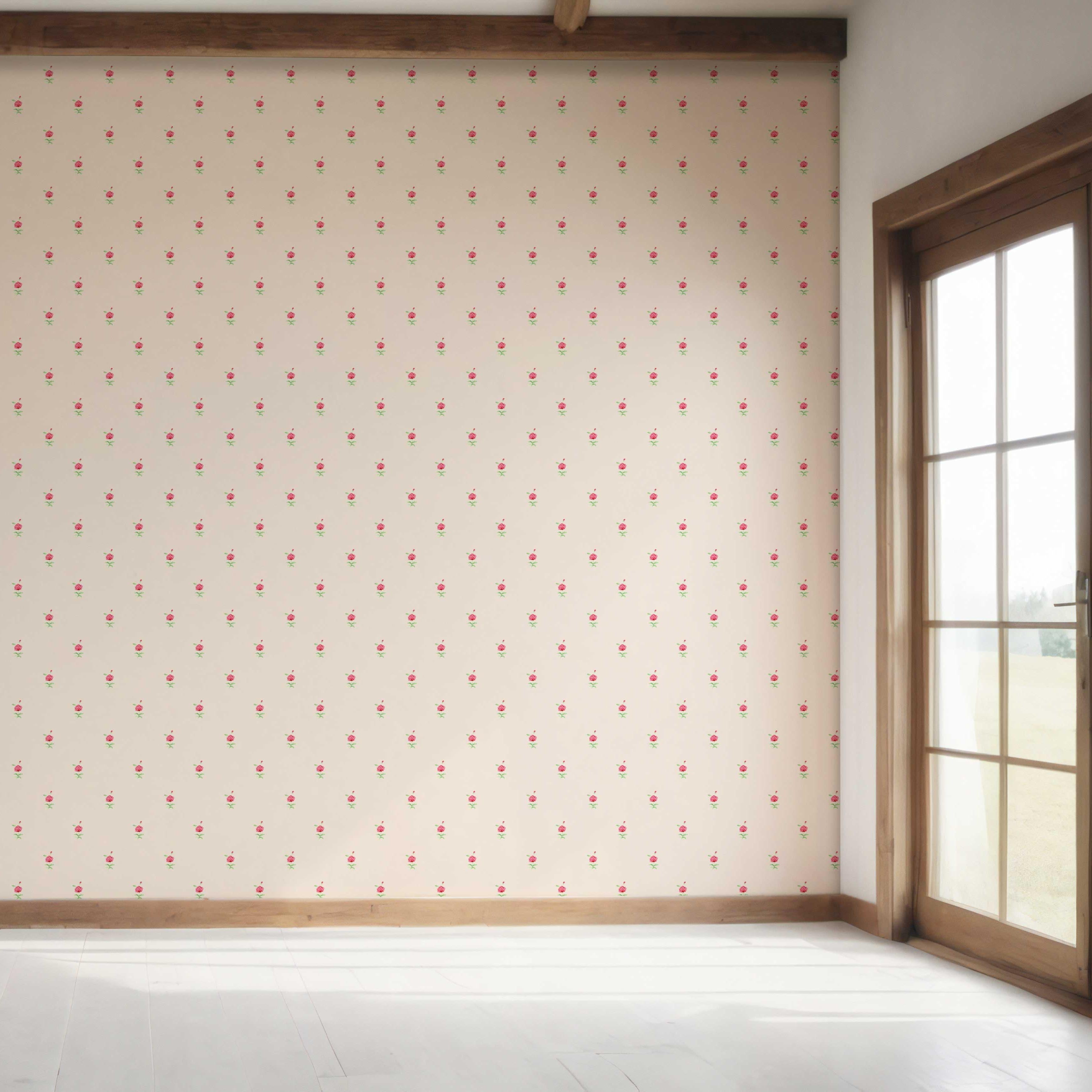 Vintage-Inspired Floral Block Print Bedroom Wallpaper (Pink/ Green)