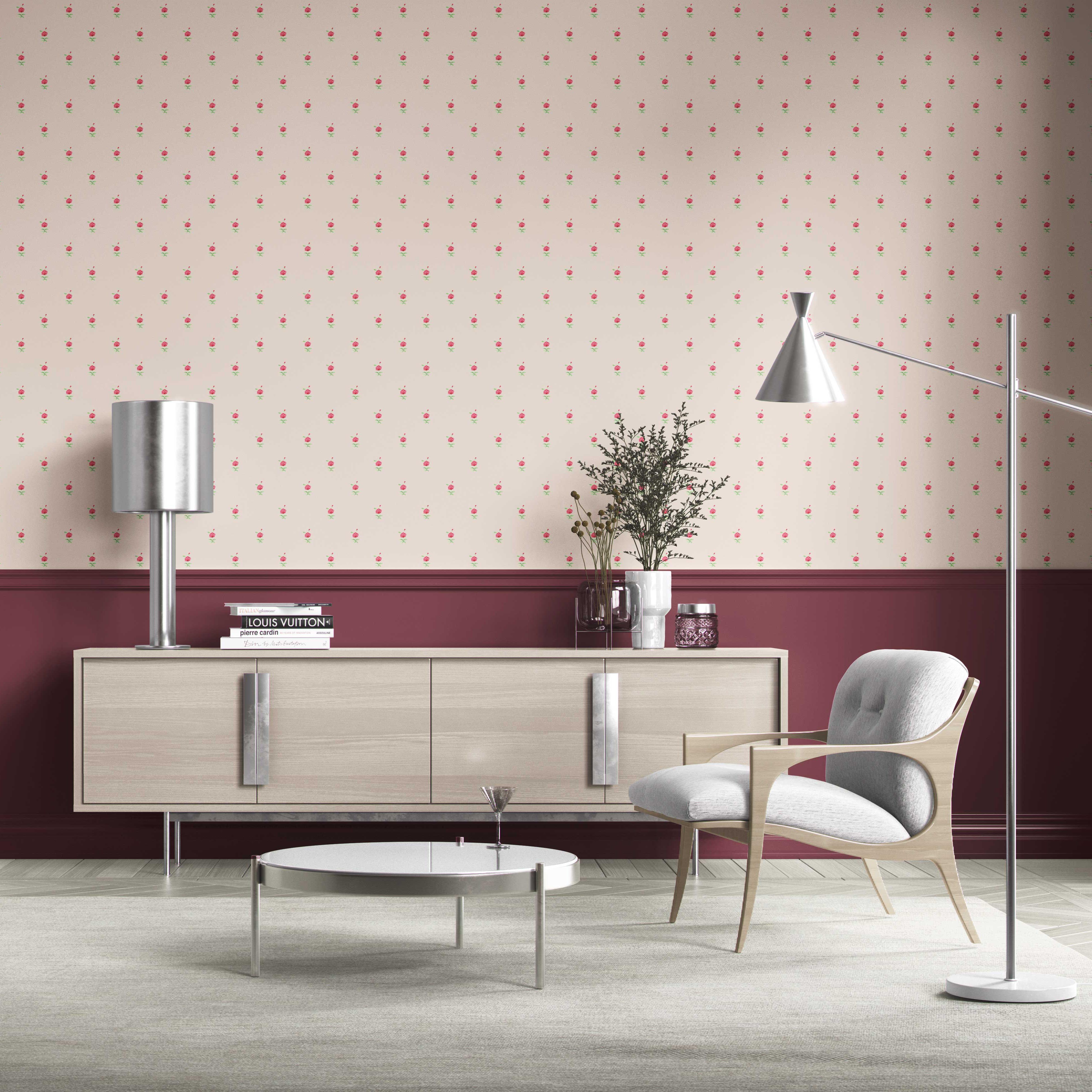 Vintage-Inspired Floral Block Print Traditional Wallpaper Sample (Pink/ Green)