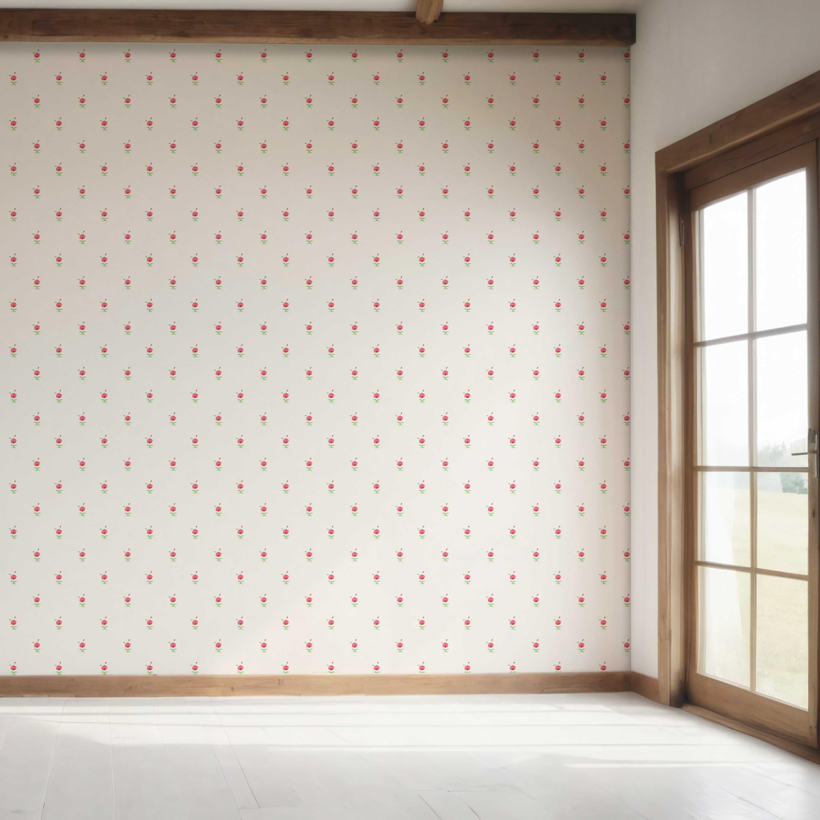 Vintage-Inspired Floral Block Print Bedroom Wallpaper (White/ Pink/ Green)