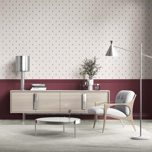 Vintage-Inspired Floral Block Print Traditional Wallpaper Sample (White/ Pink/ Green)