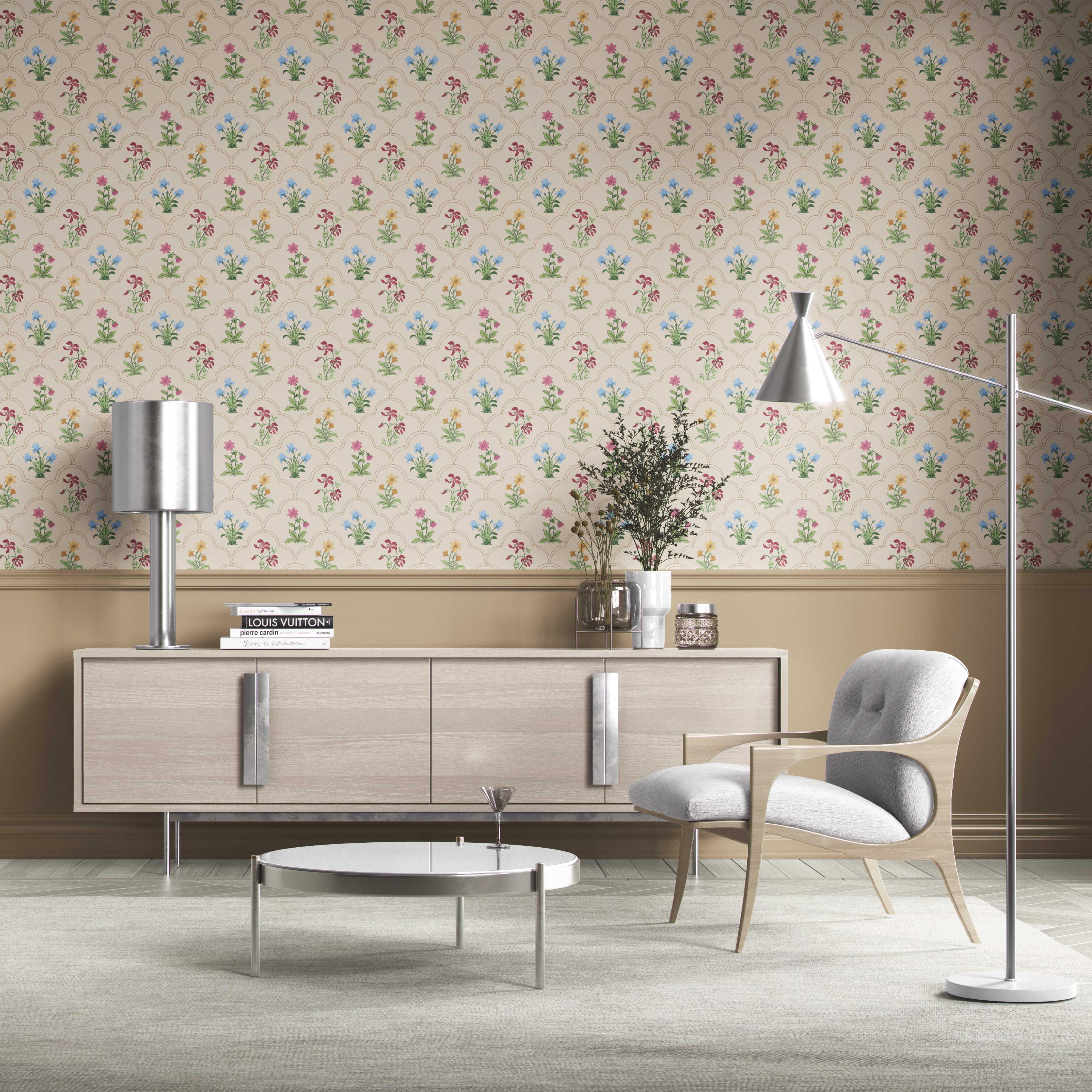 Vintage-Inspired Floral Block Print Kitchen Wallpaper Sample (Beige/ Red/ Pink/ Blue/ Yellow/ Green)