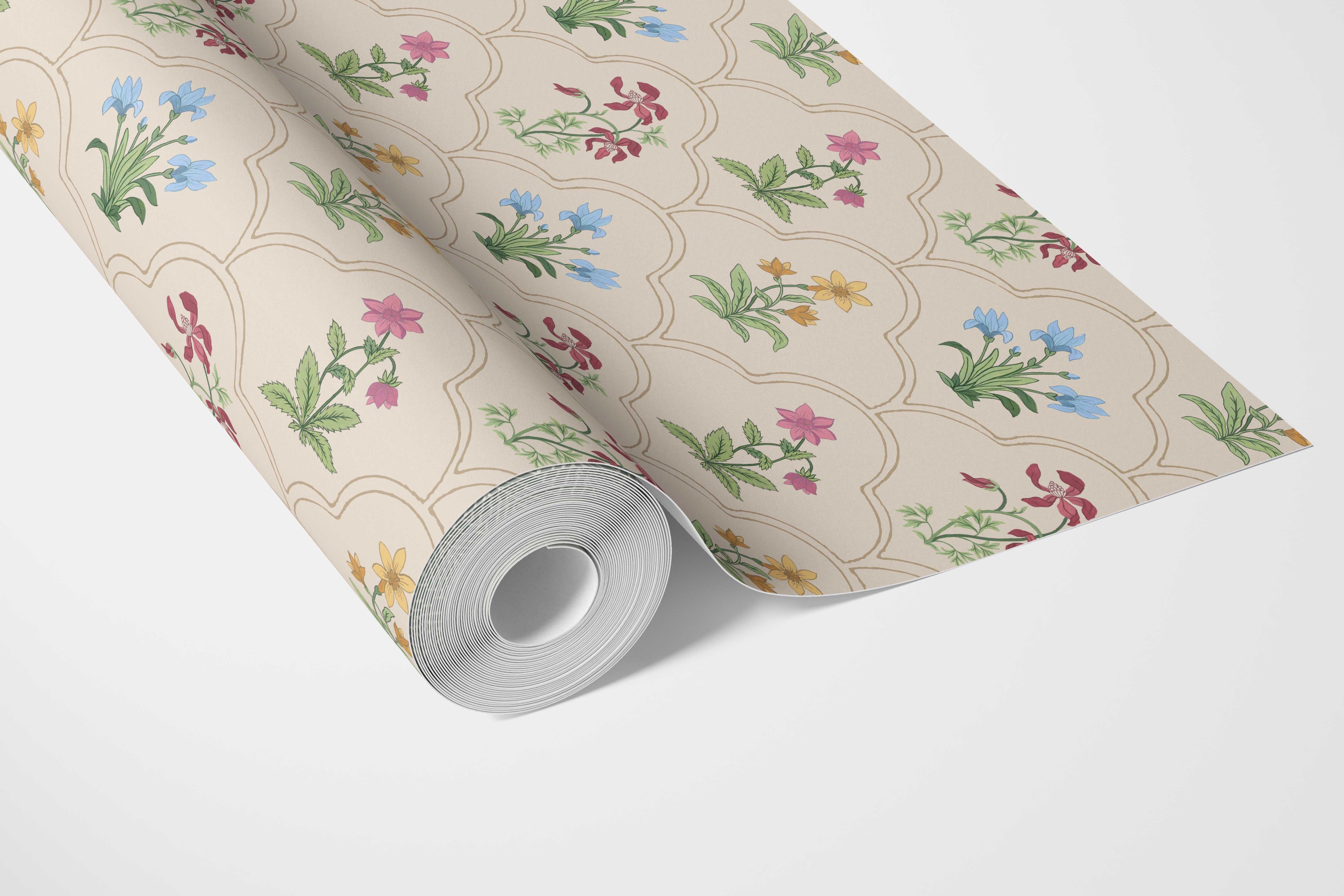 Vintage-Inspired Floral Block Print Bathroom Wallpaper Sample (Beige/ Red/ Pink/ Blue/ Yellow/ Green)