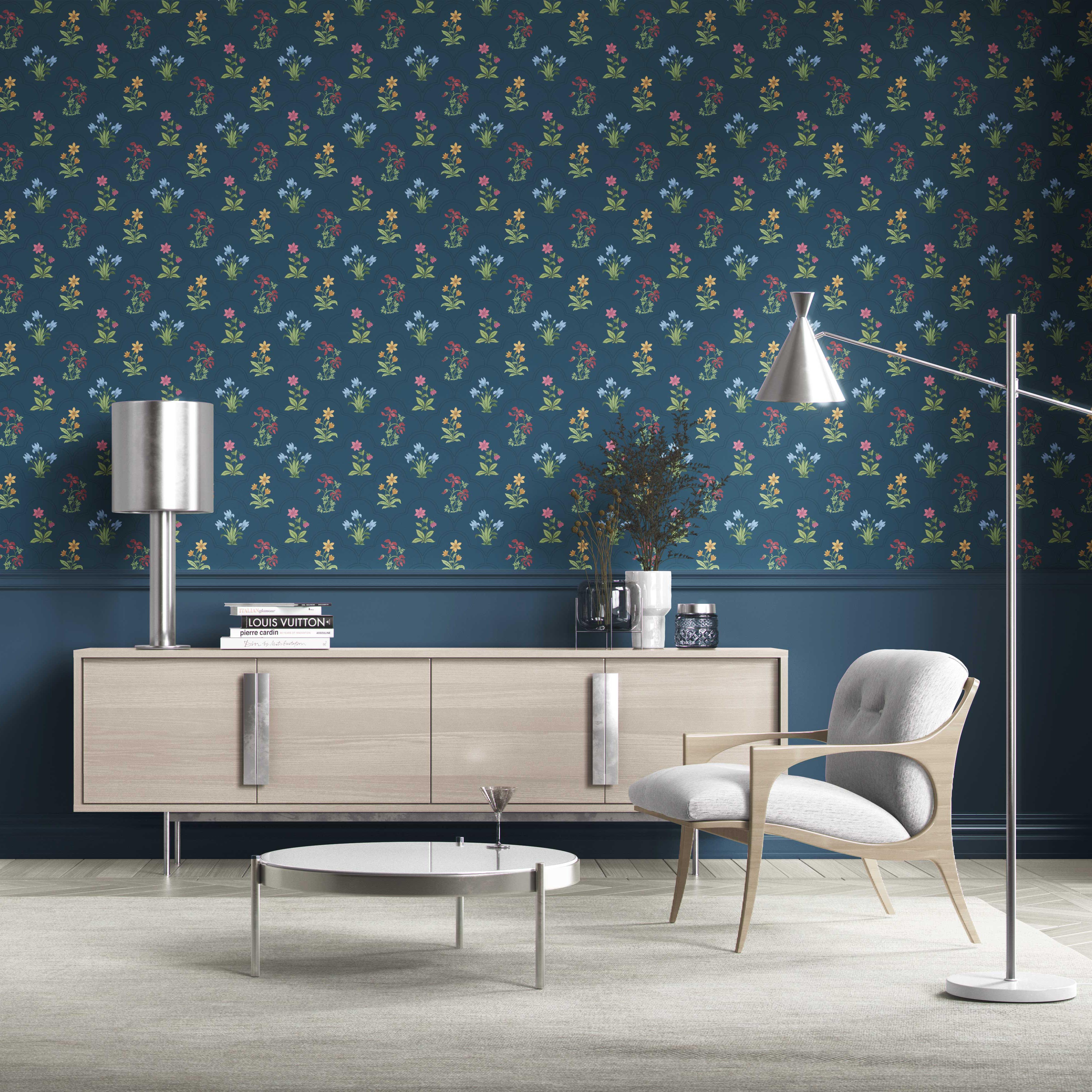 Vintage-Inspired Floral Block Print Kitchen Wallpaper Sample (Teal Blue/ Red/ Pink/ Yellow/ Green)