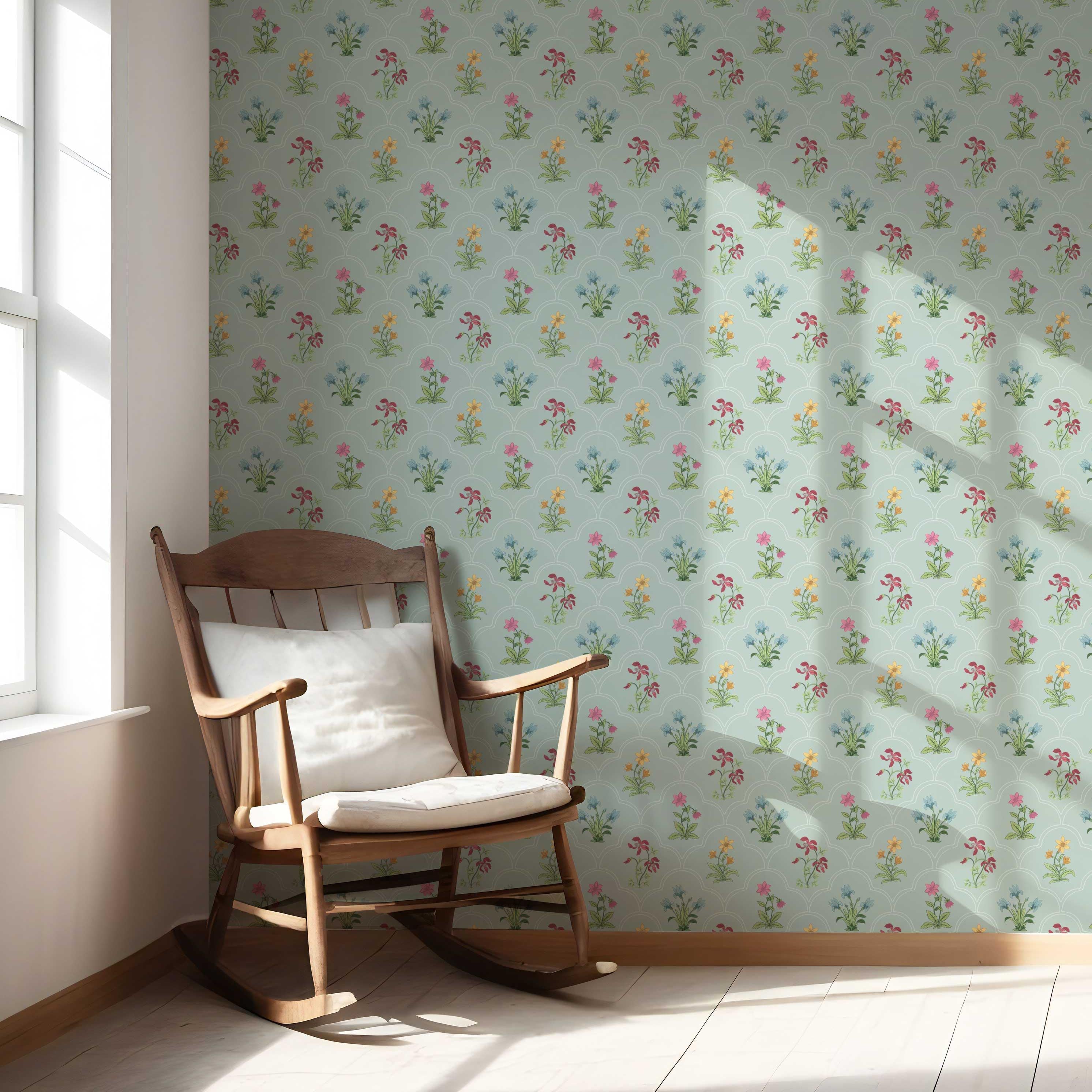 Vintage-Inspired Floral Block Print Nursery Wallpaper Sample (Duck Egg Blue/ Pink/ Red/ Yellow/ Green)