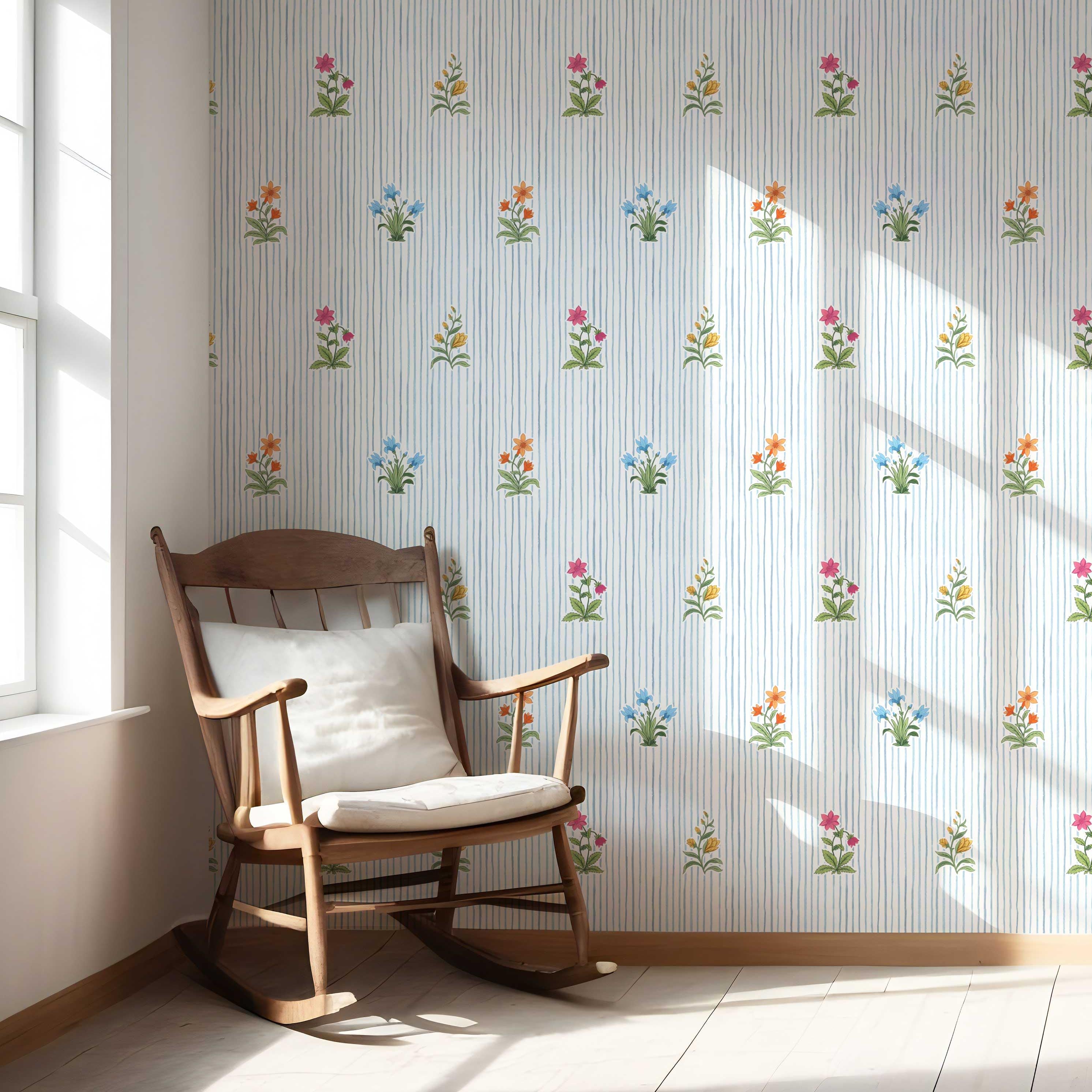 Floral Striped Block Print Nursery Wallpaper (Blue/ Pink/ Green/ Orange )
