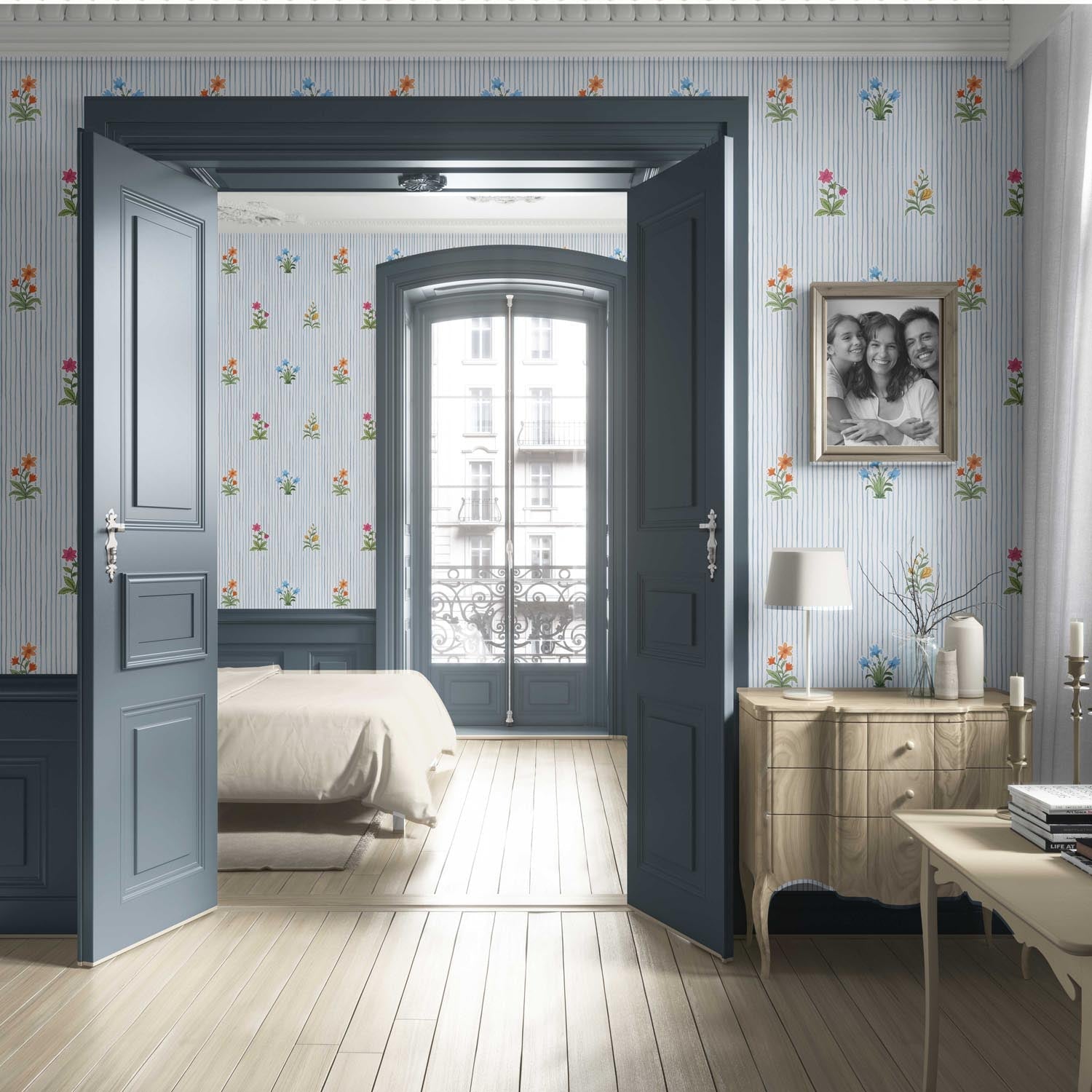 Floral Striped Block Print Living Room Wallpaper Sample (Blue/ Pink/ Green/ Orange )