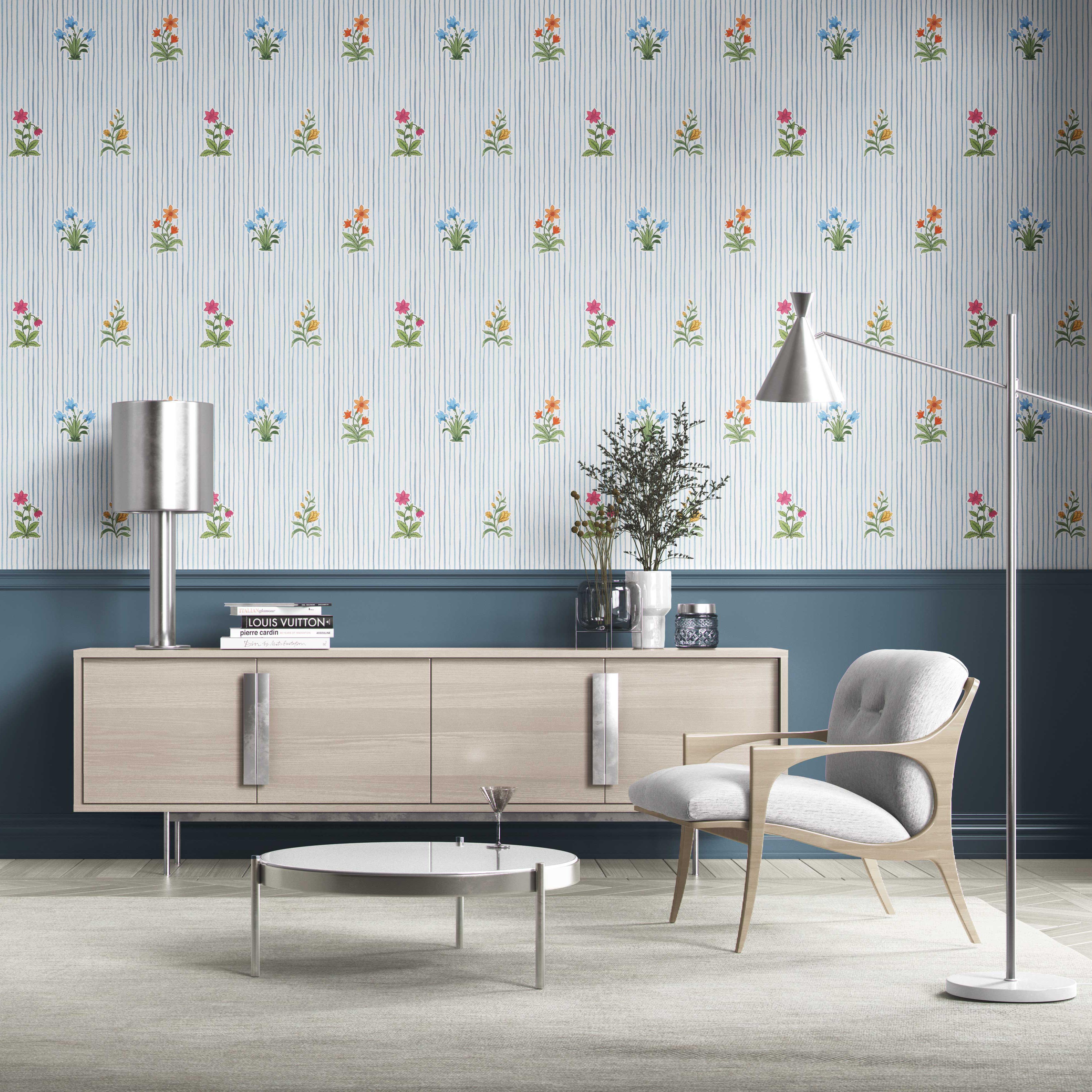 Floral Striped Block Print Kitchen Wallpaper (Blue/ Pink/ Green/ Orange )
