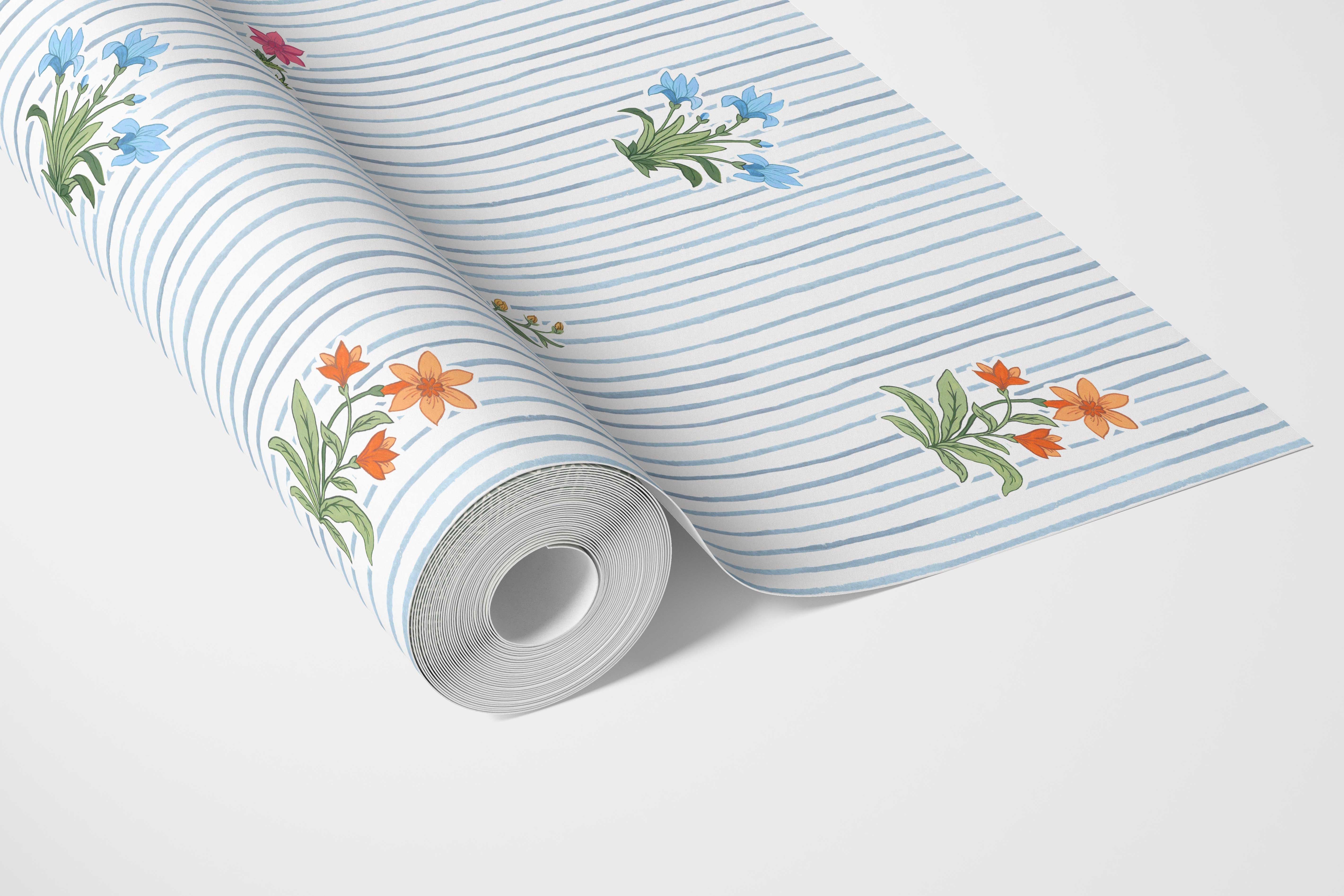 Floral Striped Block Print Bathroom Wallpaper Sample (Blue/ Pink/ Green/ Orange )