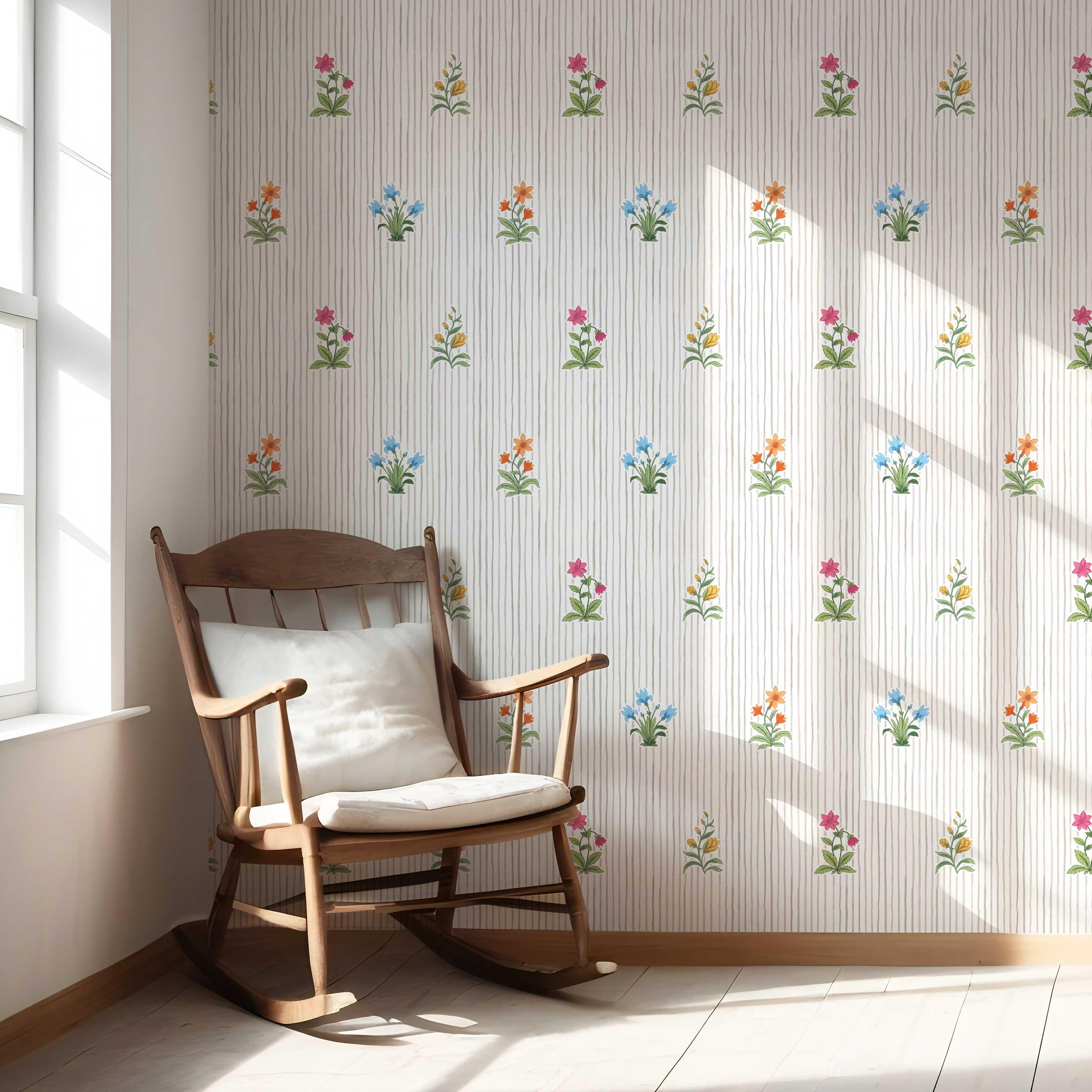 Floral Striped Block Print Shower Toilet Wallpaper (Gray/ Pink/ Green/ Blue)