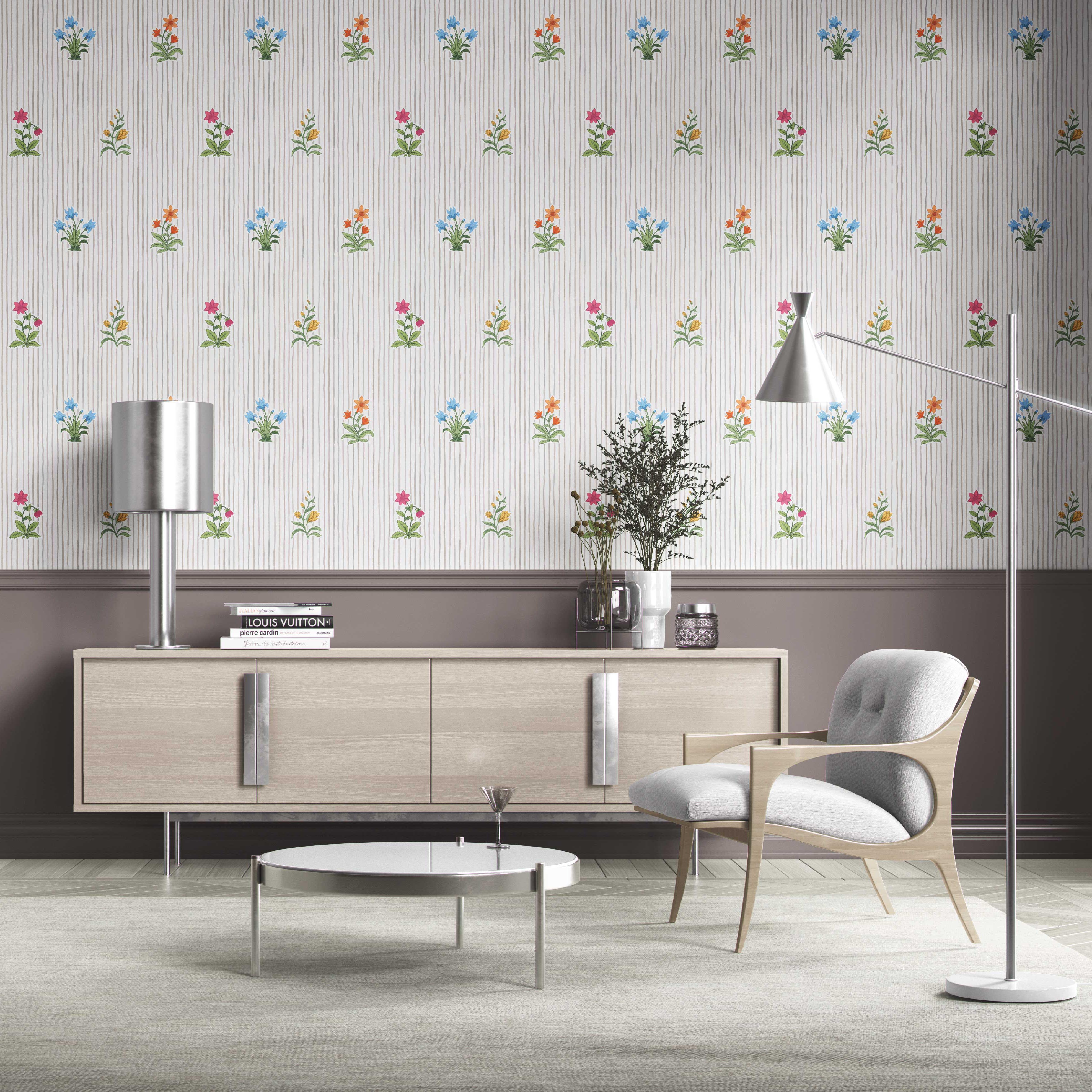 Floral Striped Block Print Bedroom Wallpaper (Gray/ Pink/ Green/ Blue)