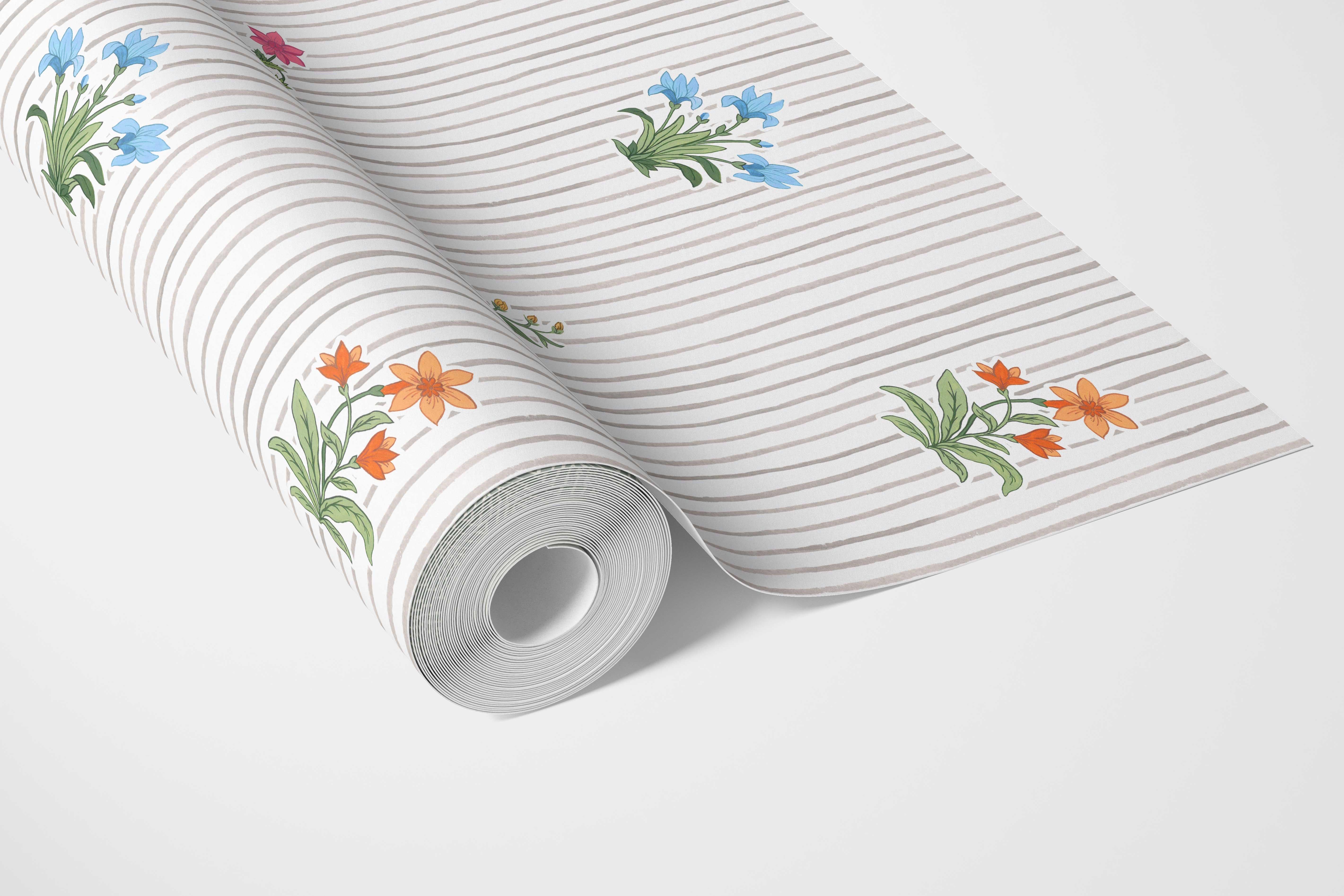 Floral Striped Block Print Kitchen Wallpaper (Gray/ Pink/ Green/ Blue)