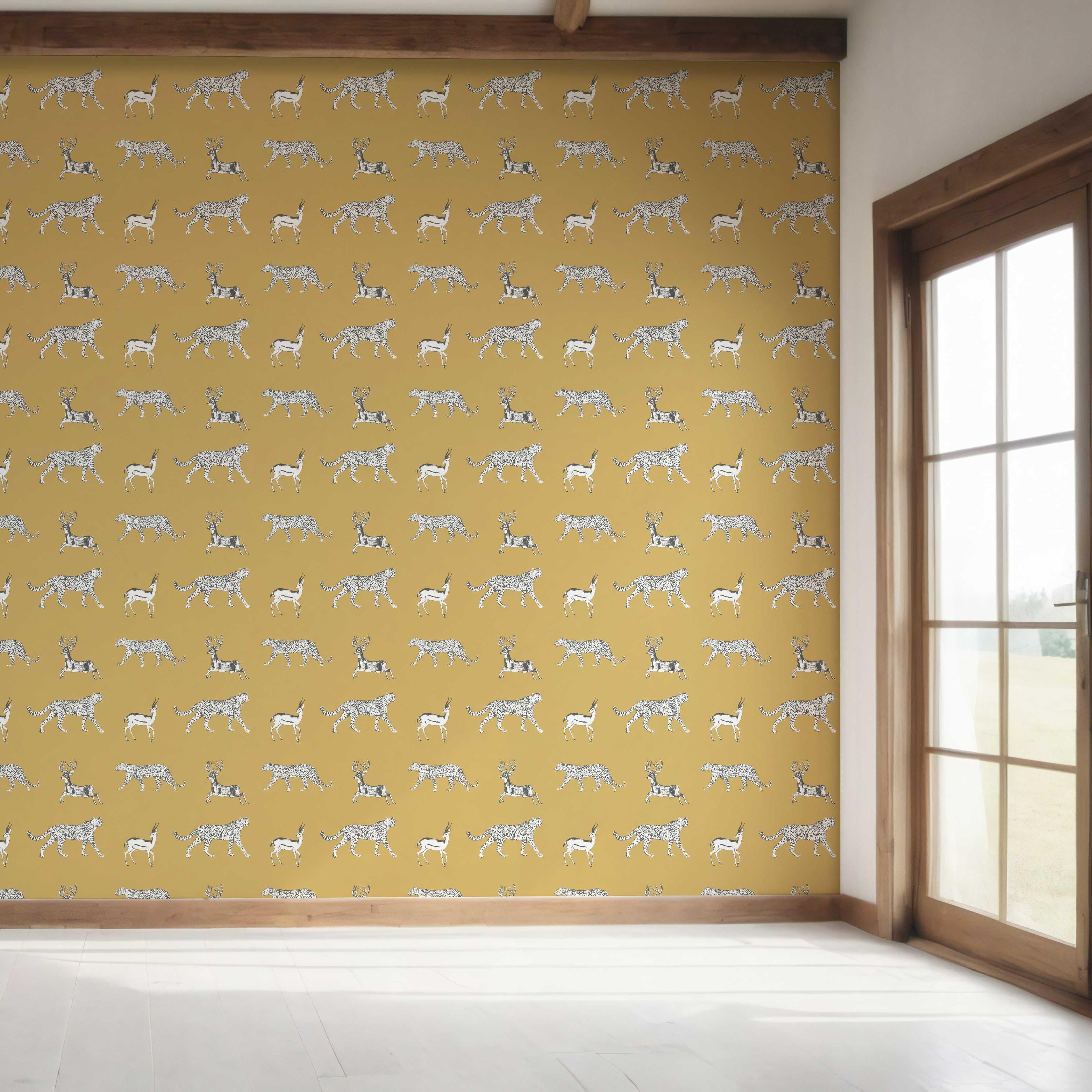 Leopard Animal Print Bedroom Wallpaper Sample (Yellow/ White/ Gray)