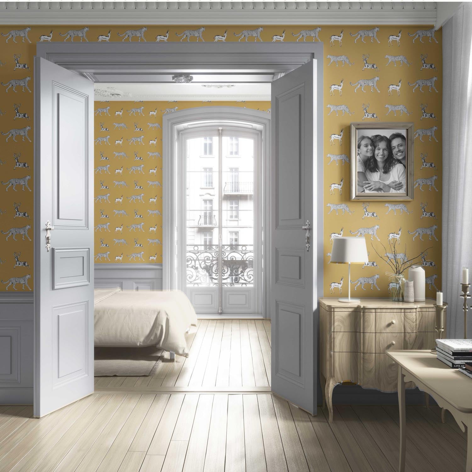 Leopard Animal Print Living Room Wallpaper Sample (Yellow/ White/ Gray)