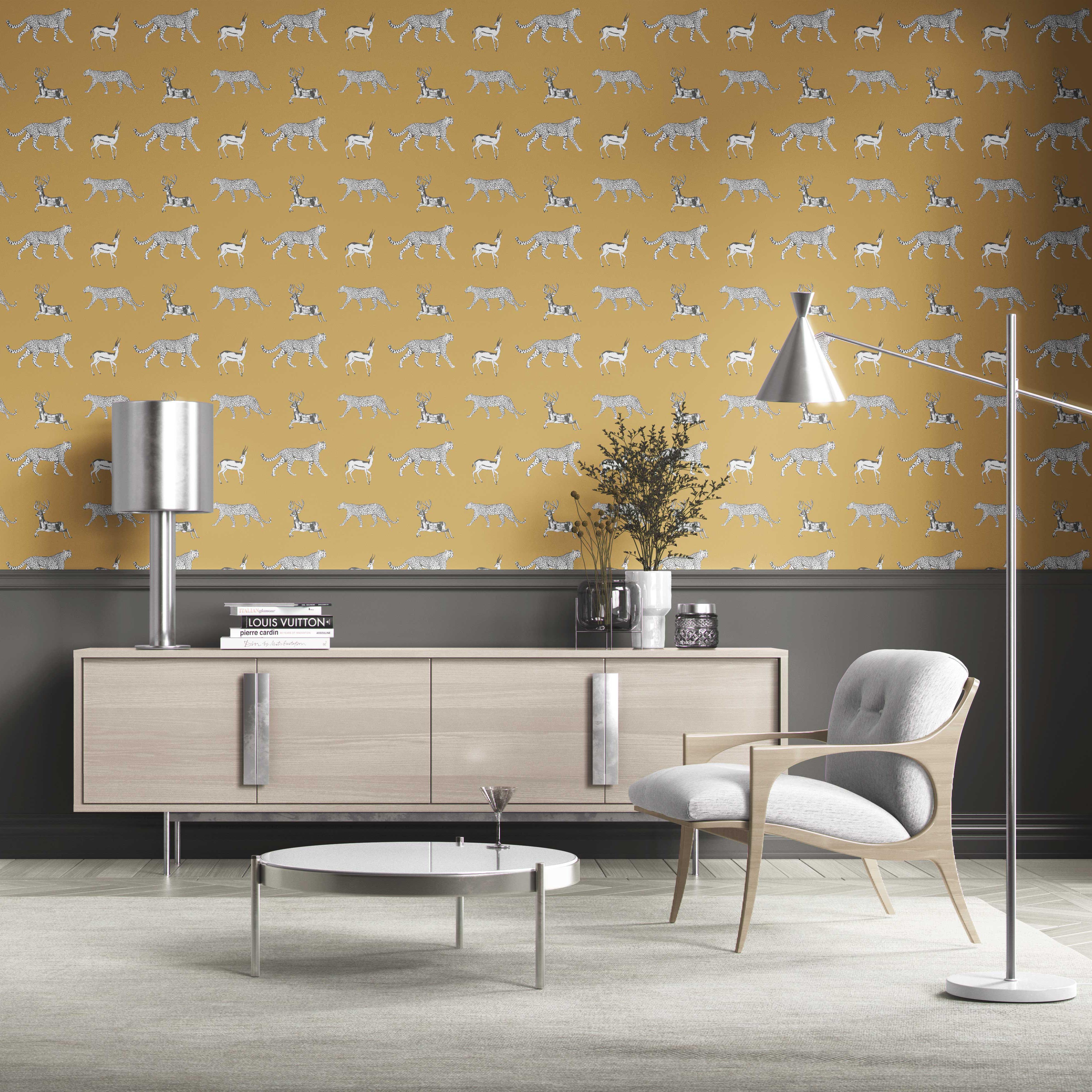 Leopard Animal Print Kitchen Wallpaper Sample (Yellow/ White/ Gray)