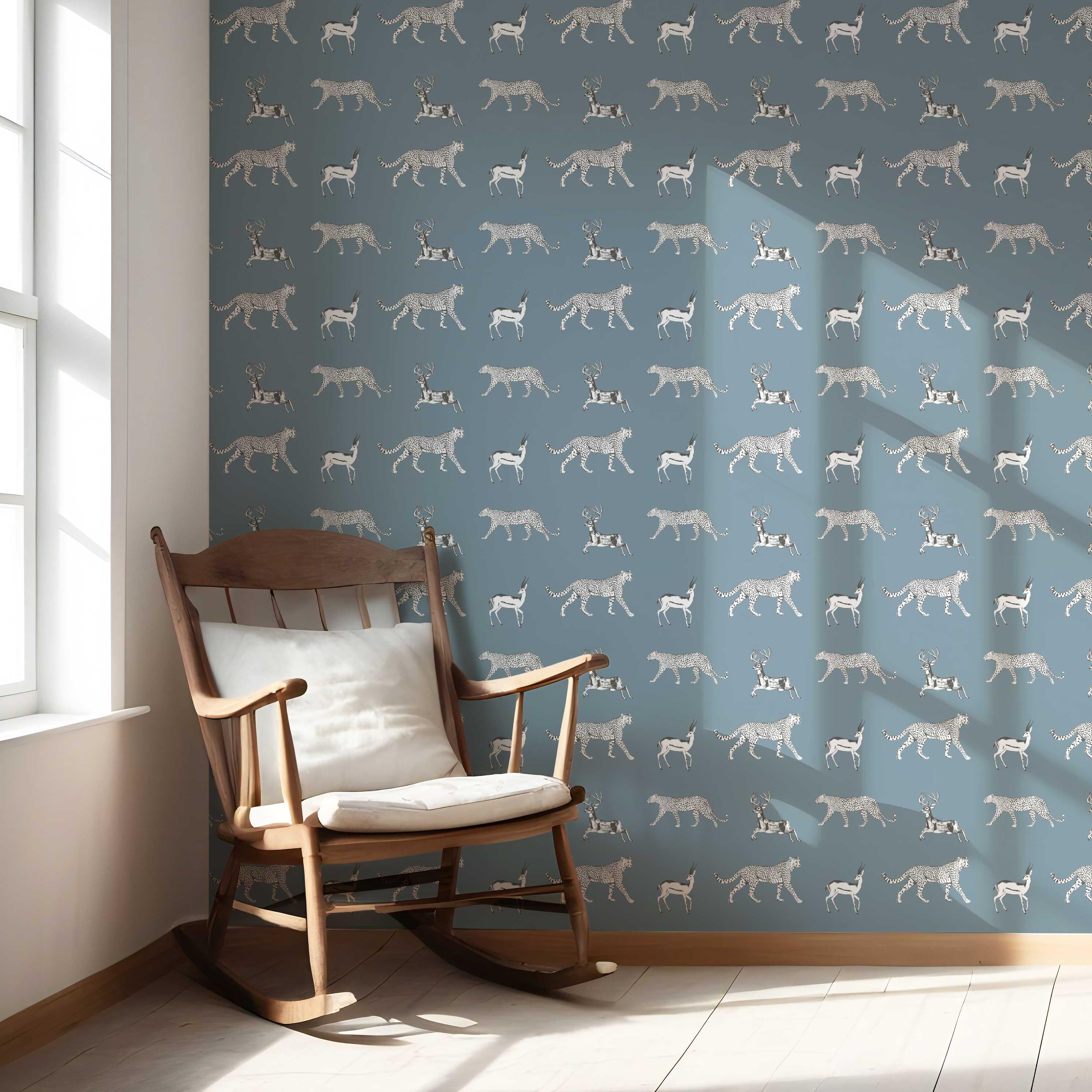 Leopard Animal Print Nursery Wallpaper (Slate Blue/ White)