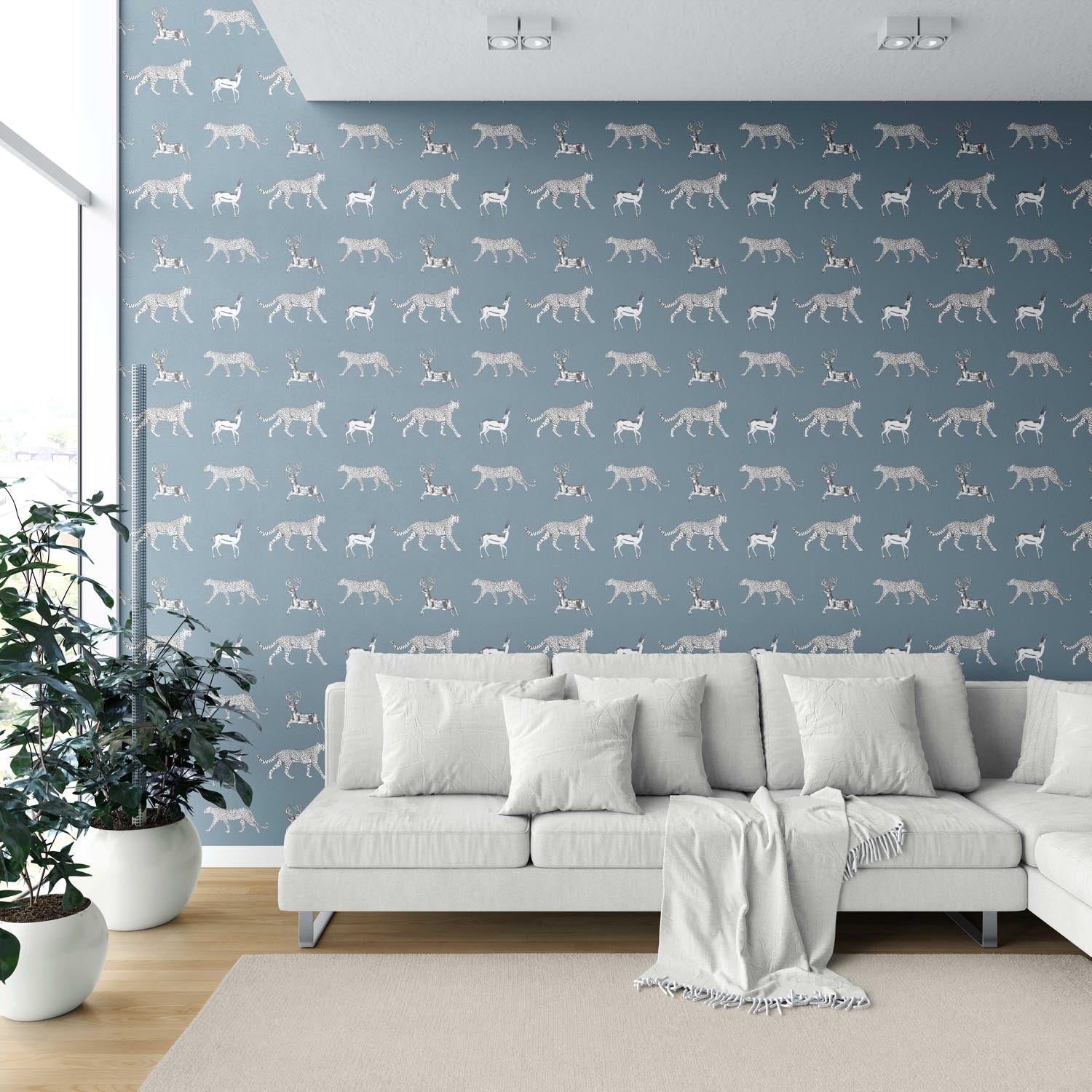 Leopard Animal Print Shower Toilet Wallpaper Sample (Slate Blue/ White)