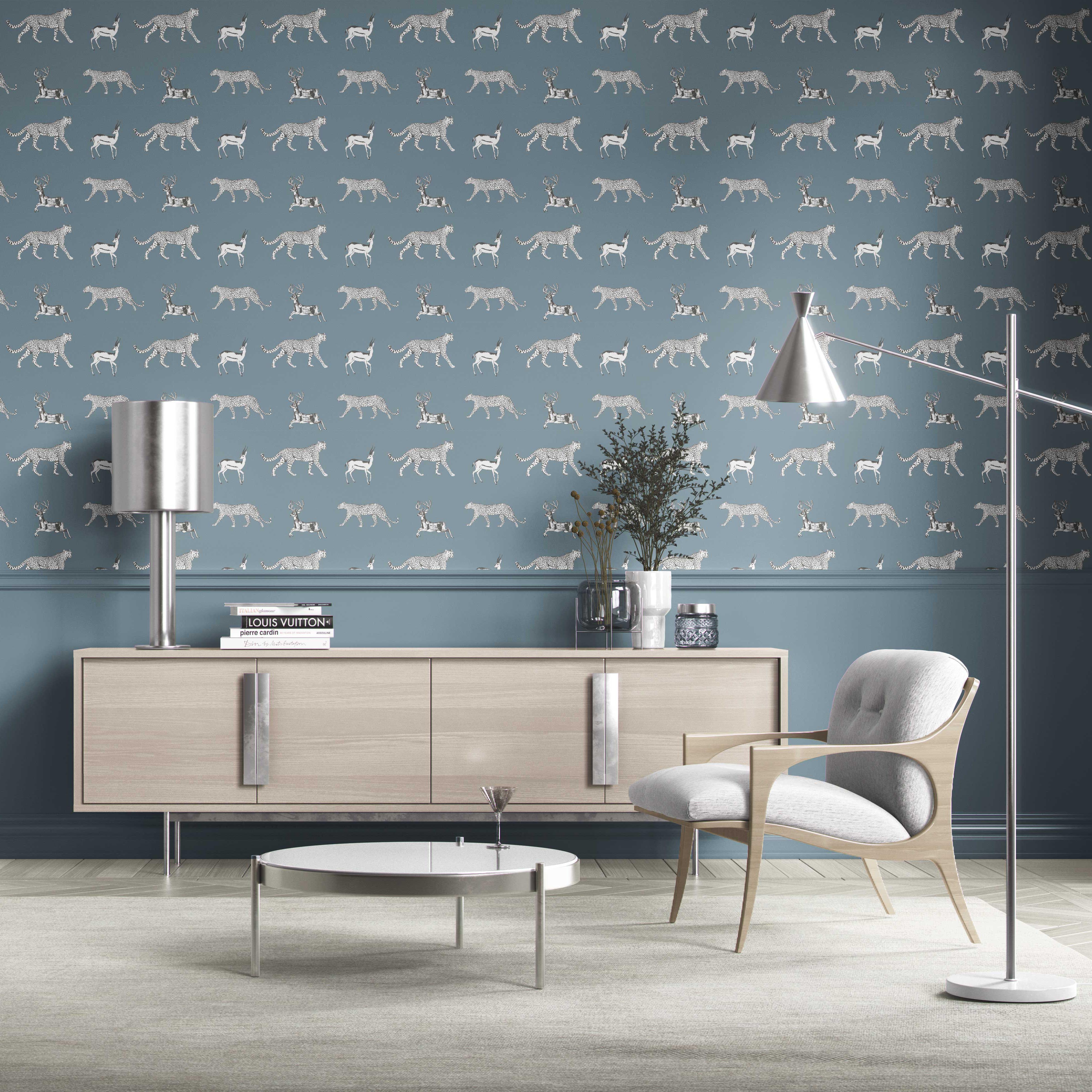 Leopard Animal Print Kitchen Wallpaper Sample (Slate Blue/ White)