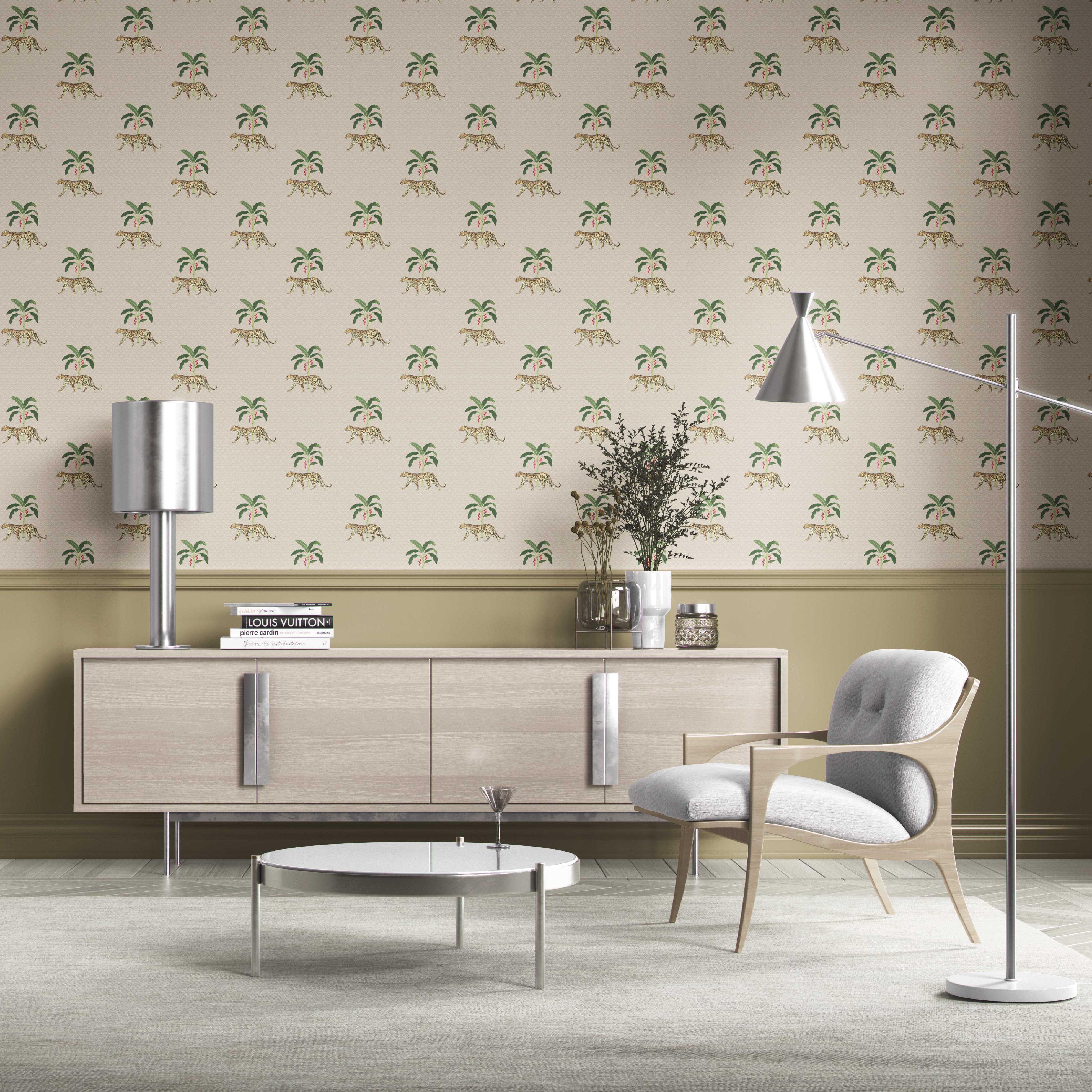 Leopard Animal Print Kitchen Wallpaper Sample (Beige/ Tan/ Green/ Red)