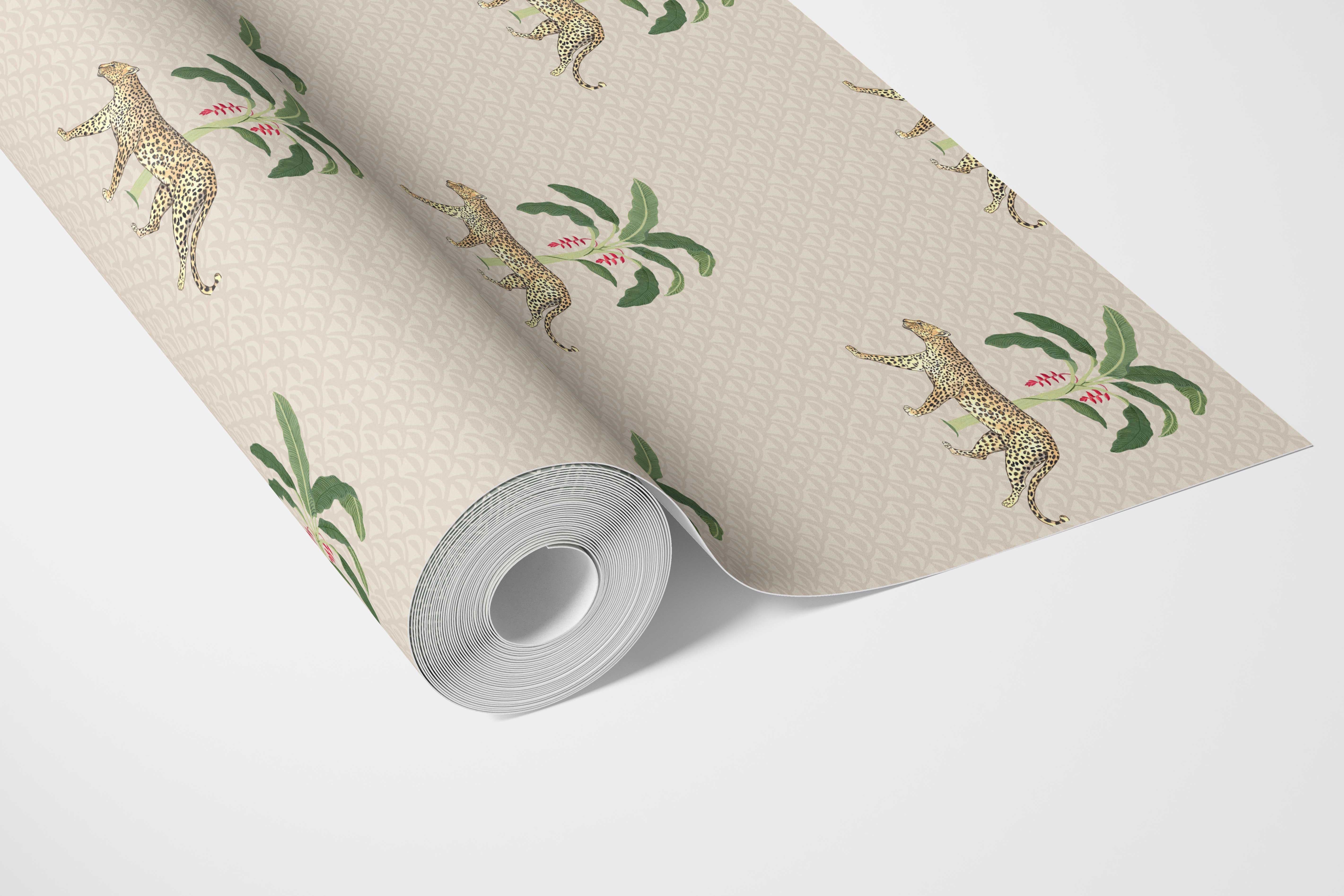 Leopard Animal Print Bathroom Wallpaper Sample (Beige/ Tan/ Green/ Red)
