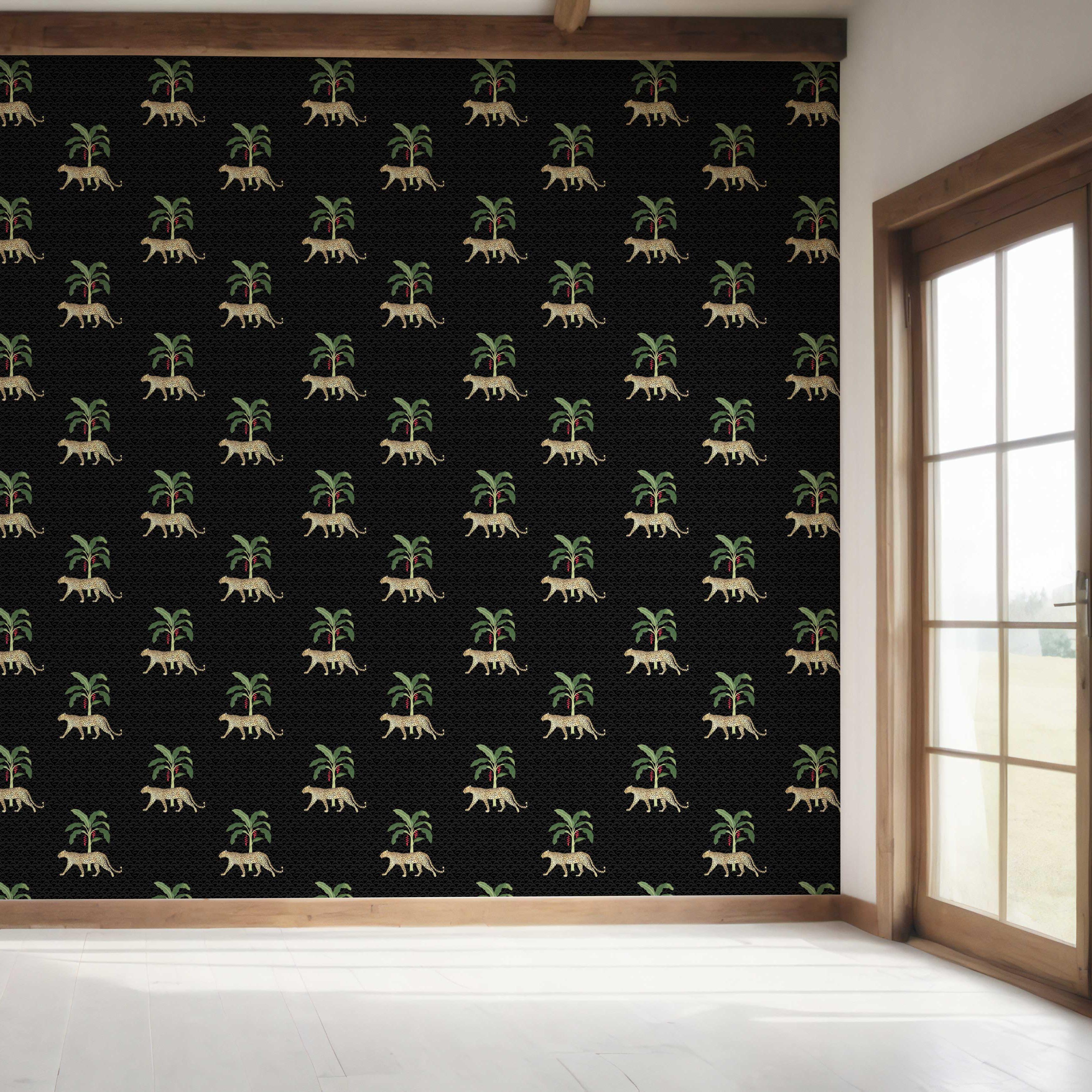 Leopard Animal Print Bedroom Wallpaper (Black/ Tan/ Red/ Green)