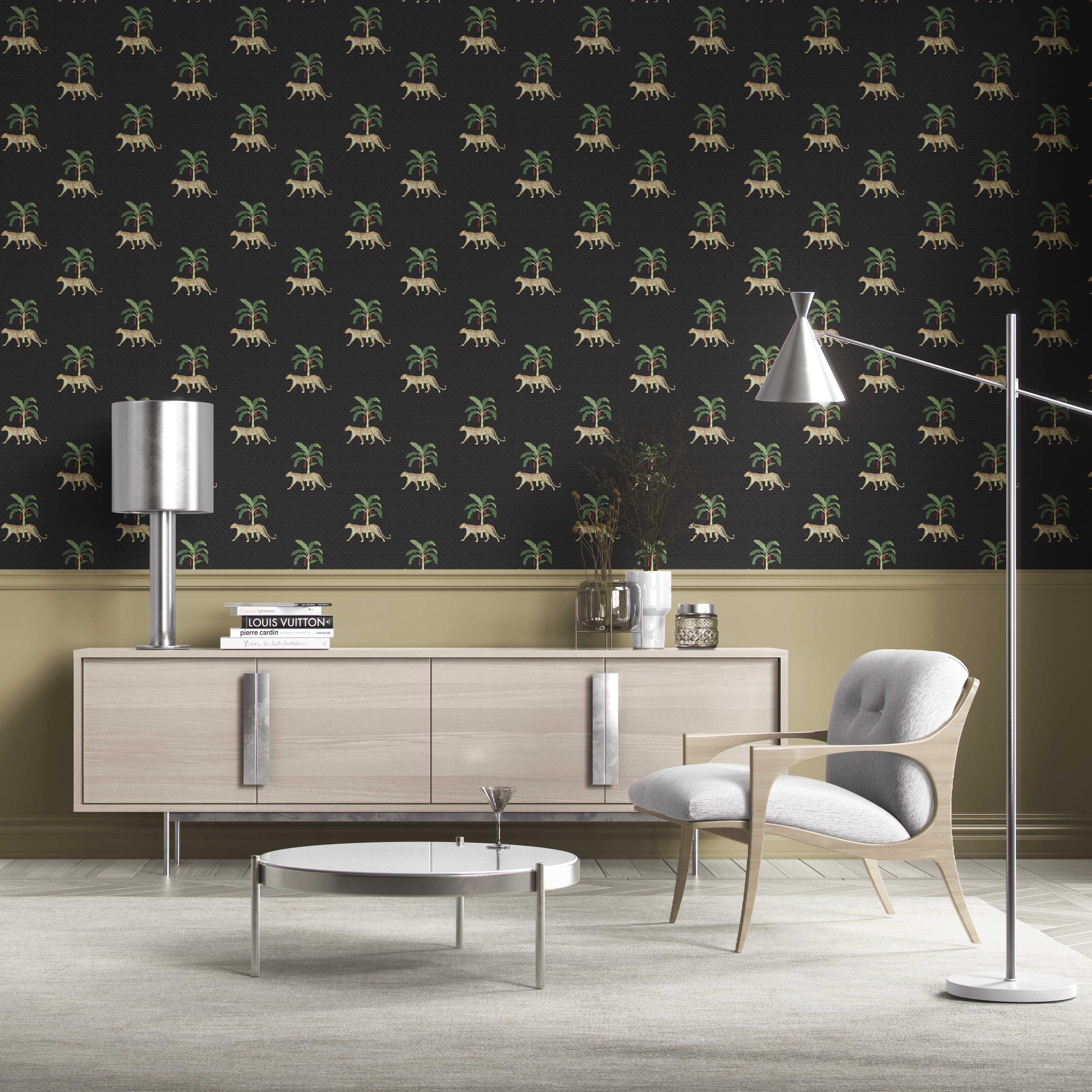 Leopard Animal Print Kitchen Wallpaper (Black/ Tan/ Red/ Green)