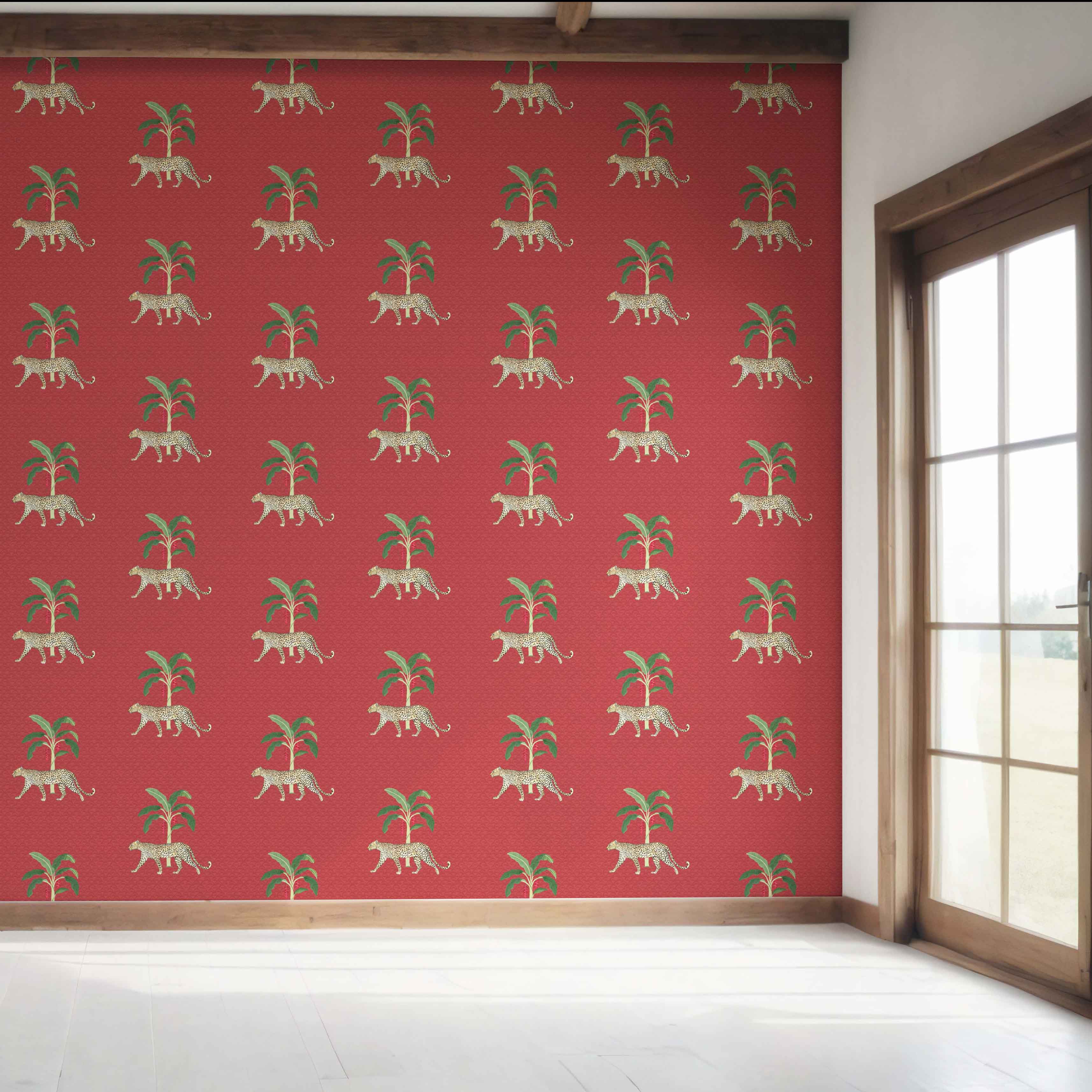 Leopard Animal Print Bedroom Wallpaper Sample (Red/ Green/ Tan)