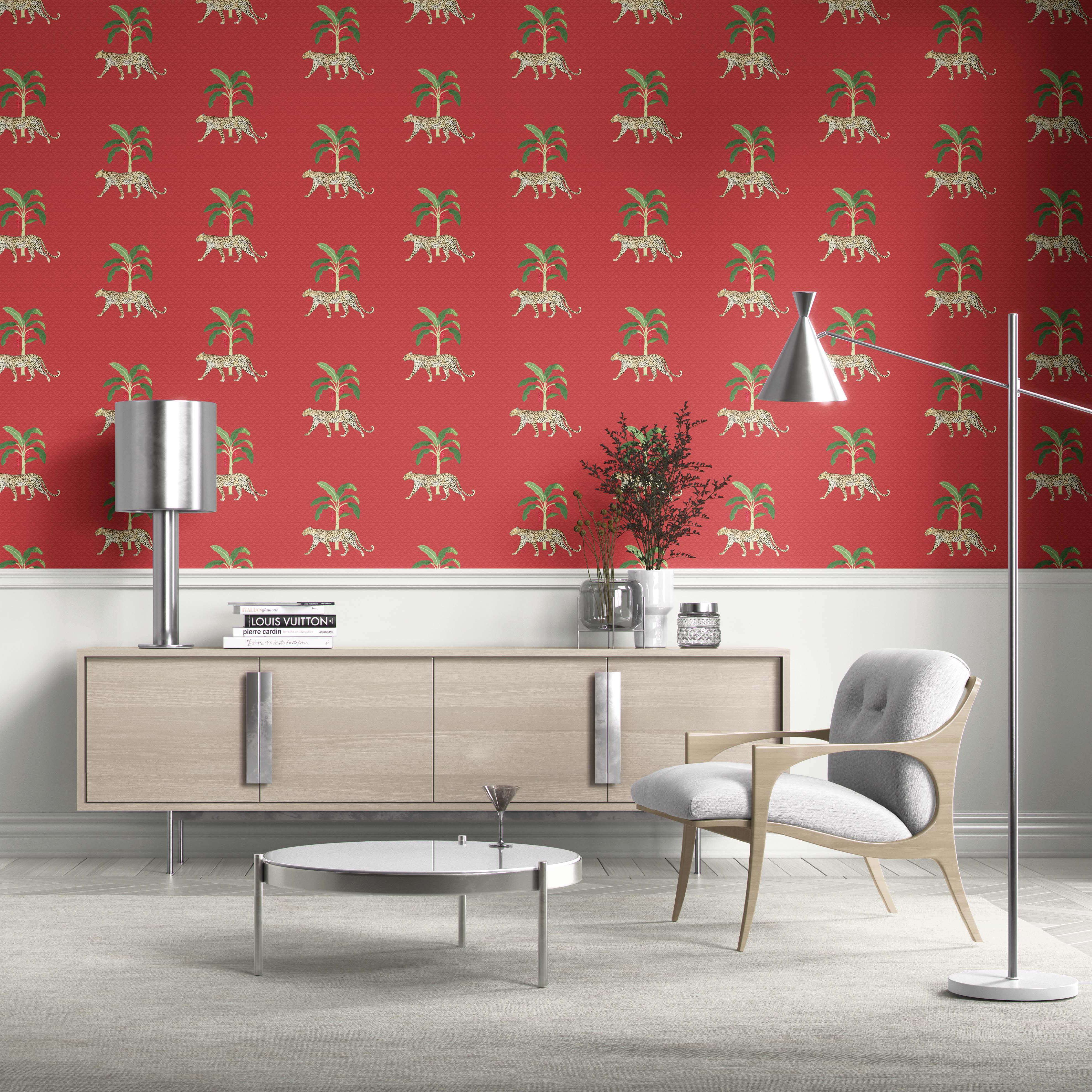 Leopard Animal Print Kitchen Wallpaper Sample (Red/ Green/ Tan)