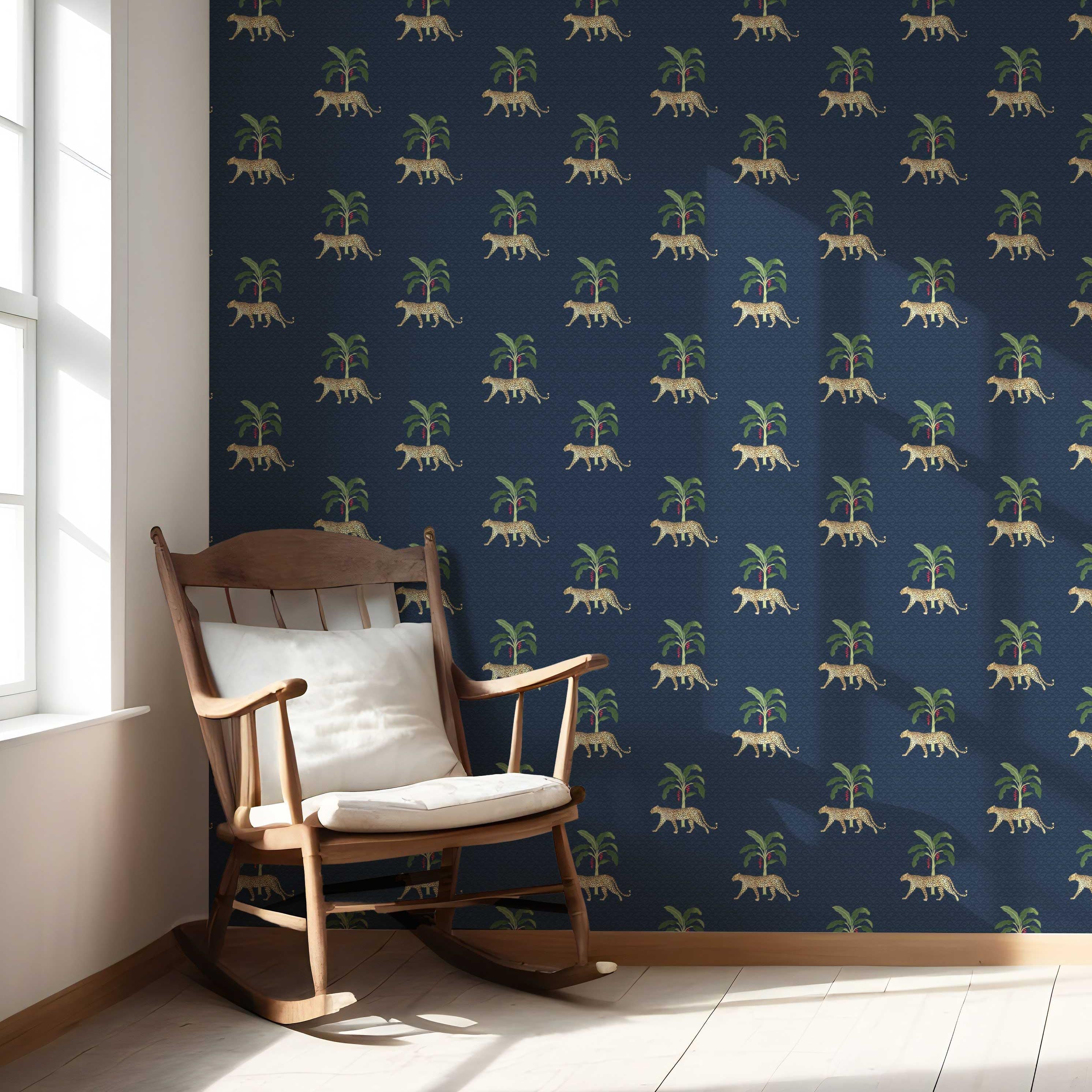 Leopard Animal Print Nursery Wallpaper Sample (Navy Blue/ Green/ Red/ Tan)