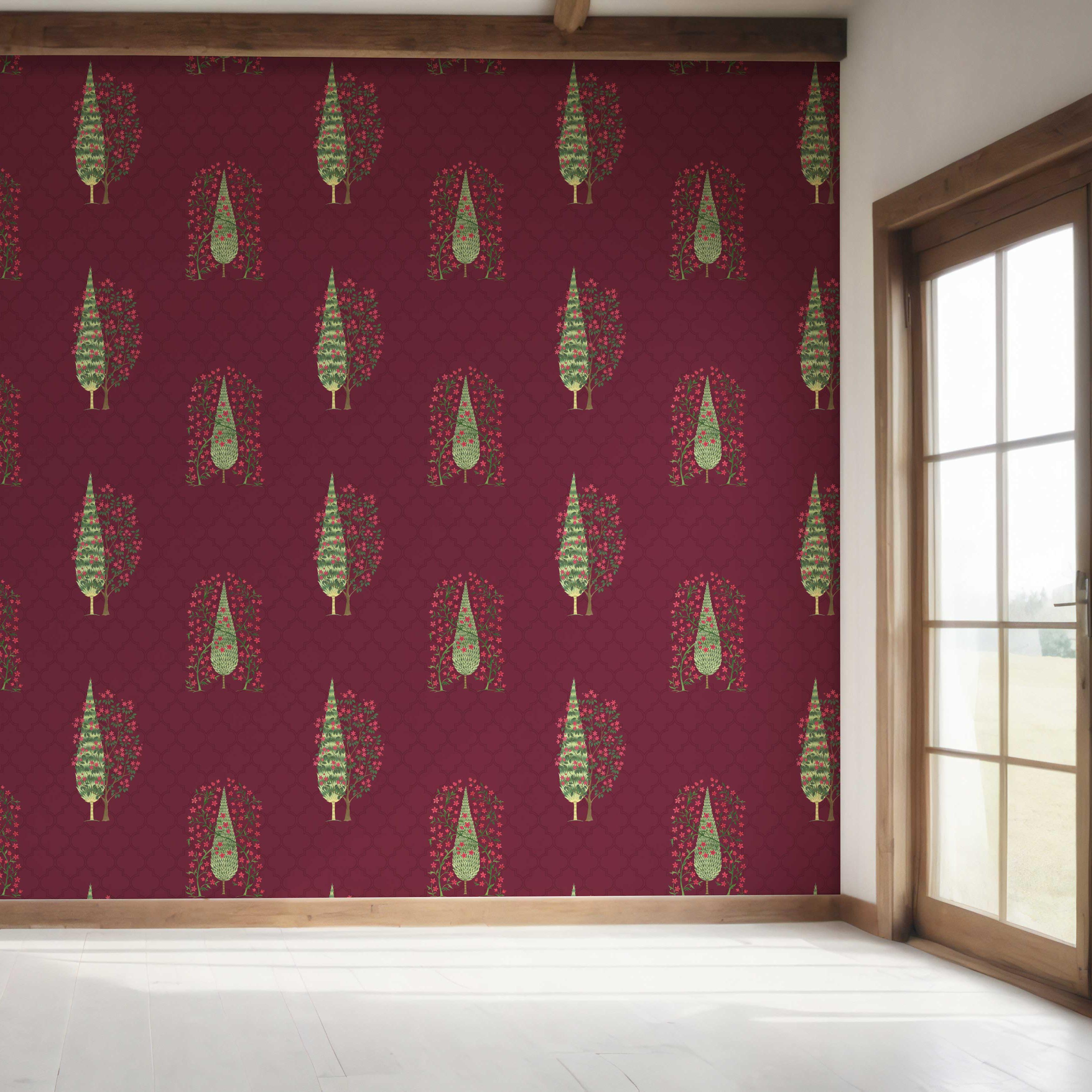 Botanical/ Floral Print Bedroom Wallpaper Sample (Maroon/ Red/ Pink/ Green)