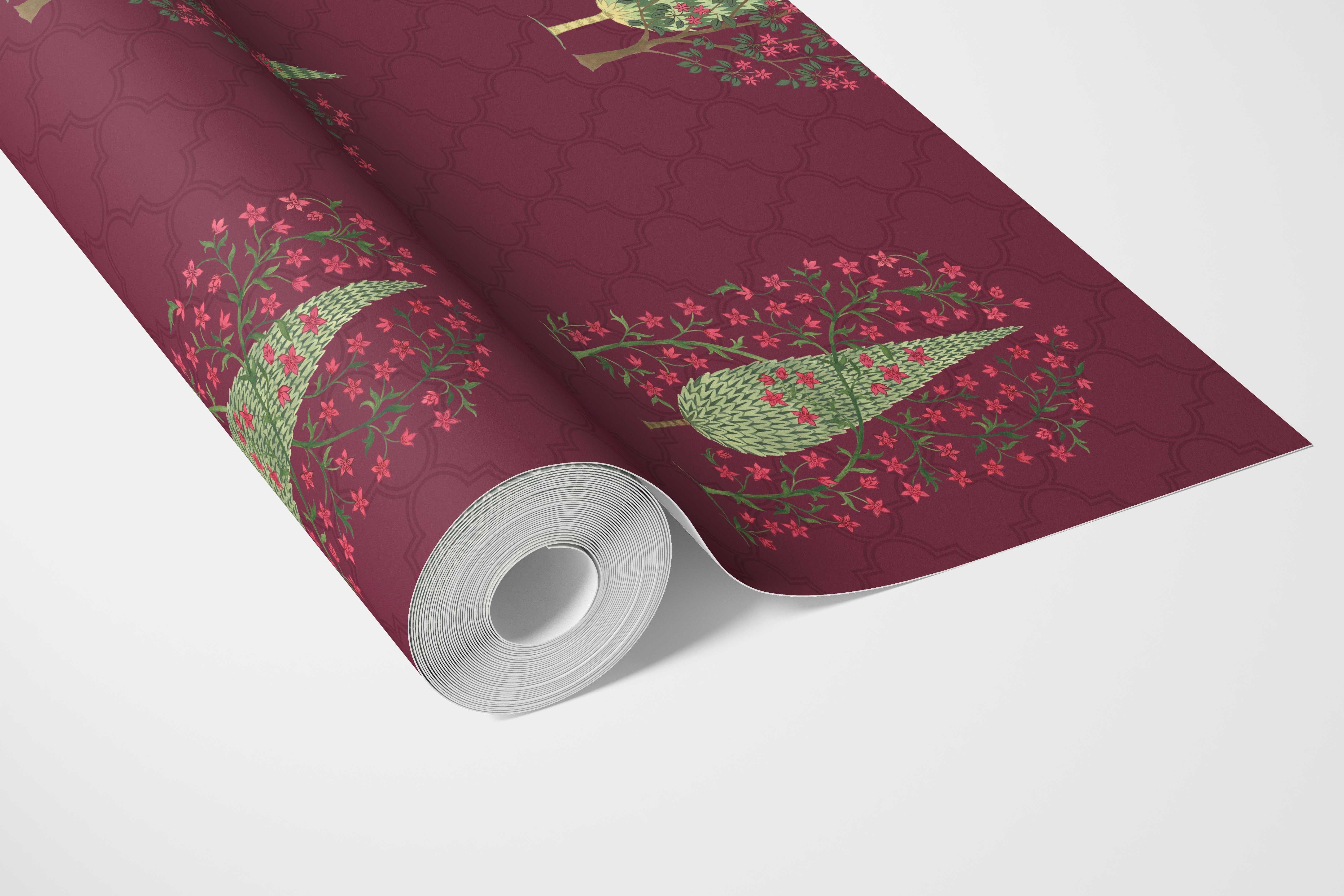 Botanical/ Floral Print Bathroom Wallpaper Sample (Maroon/ Red/ Pink/ Green)