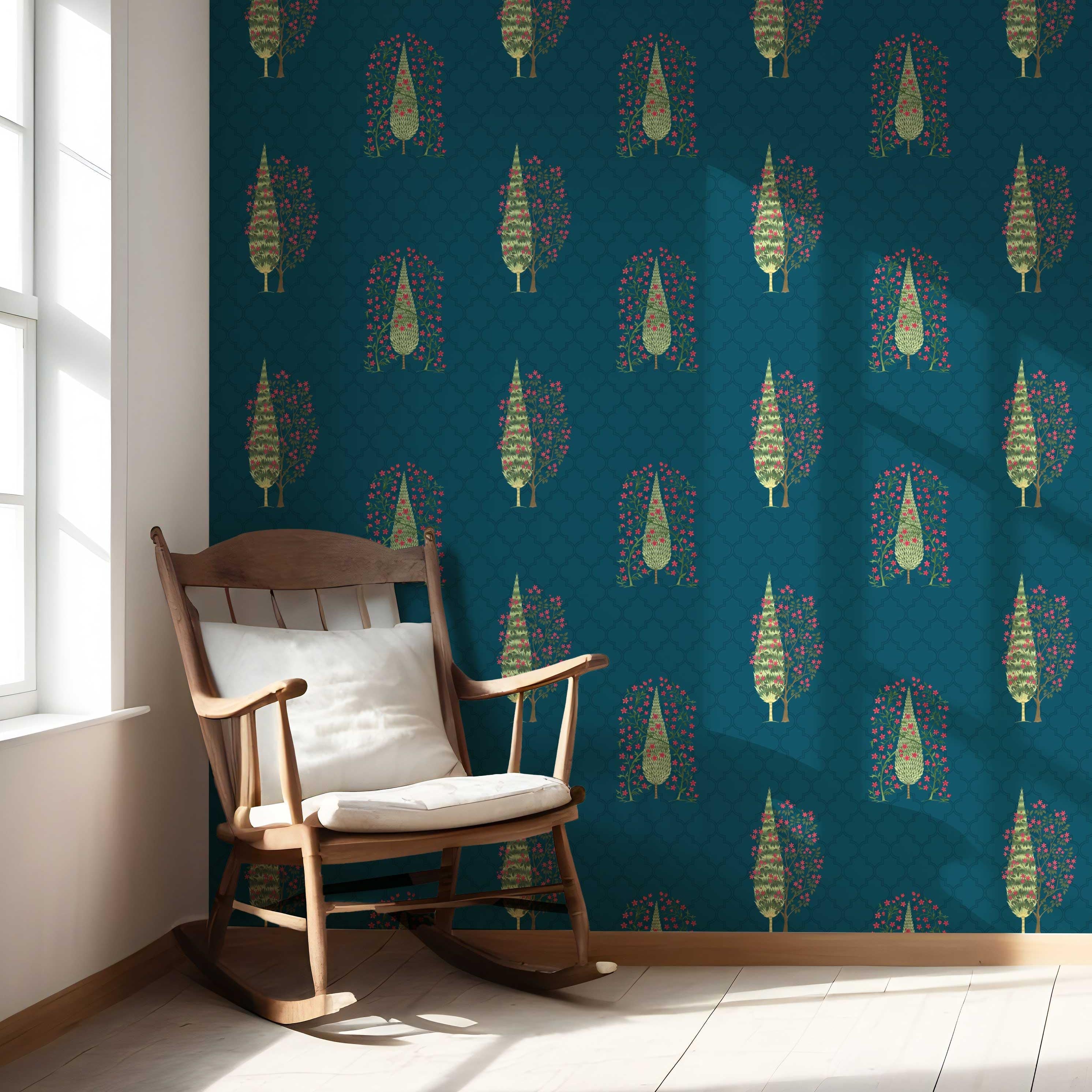 Botanical/ Floral Print Nursery Wallpaper Sample (Teal Blue/ Pink/ Green)
