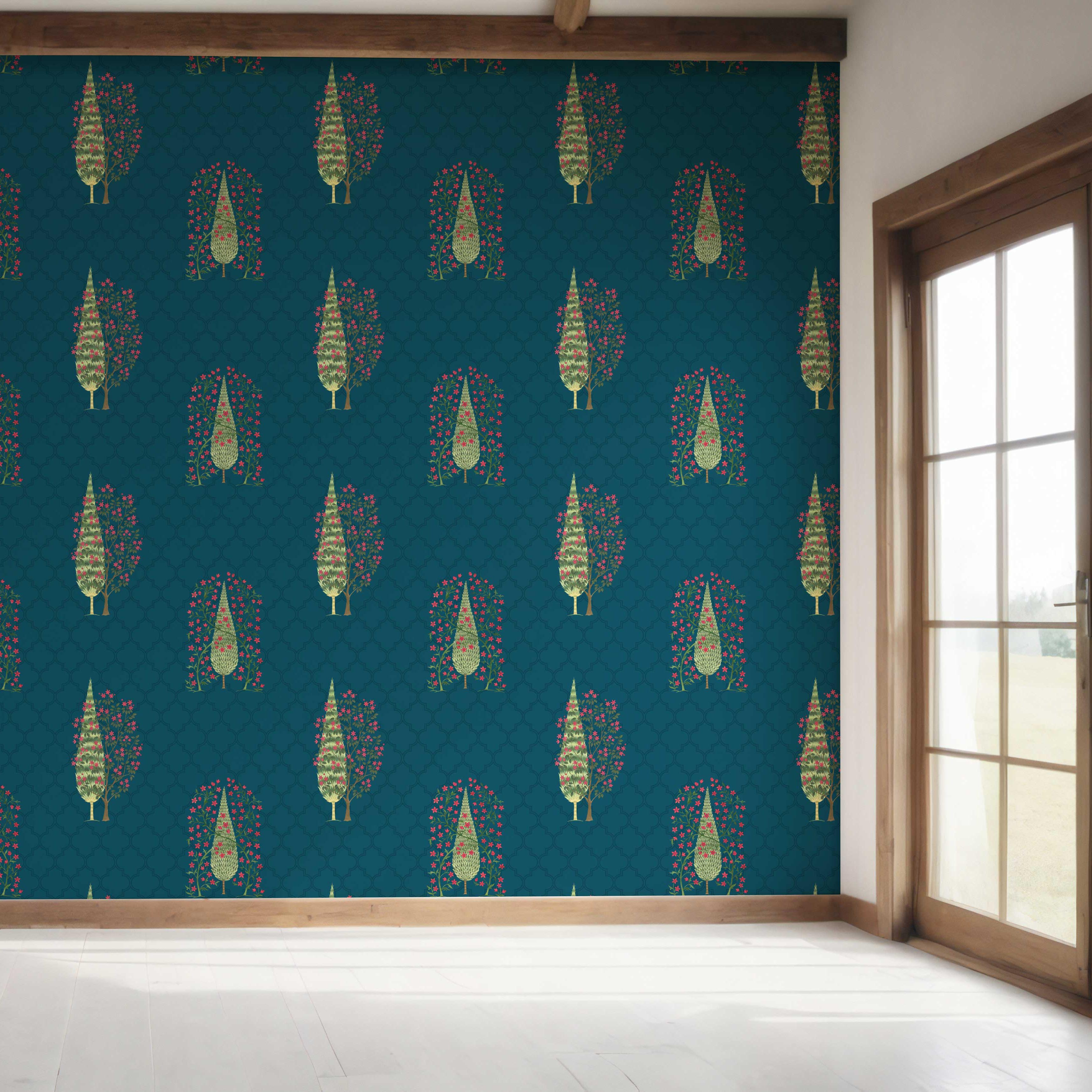 Botanical/ Floral Print Bedroom Wallpaper Sample (Teal Blue/ Pink/ Green)