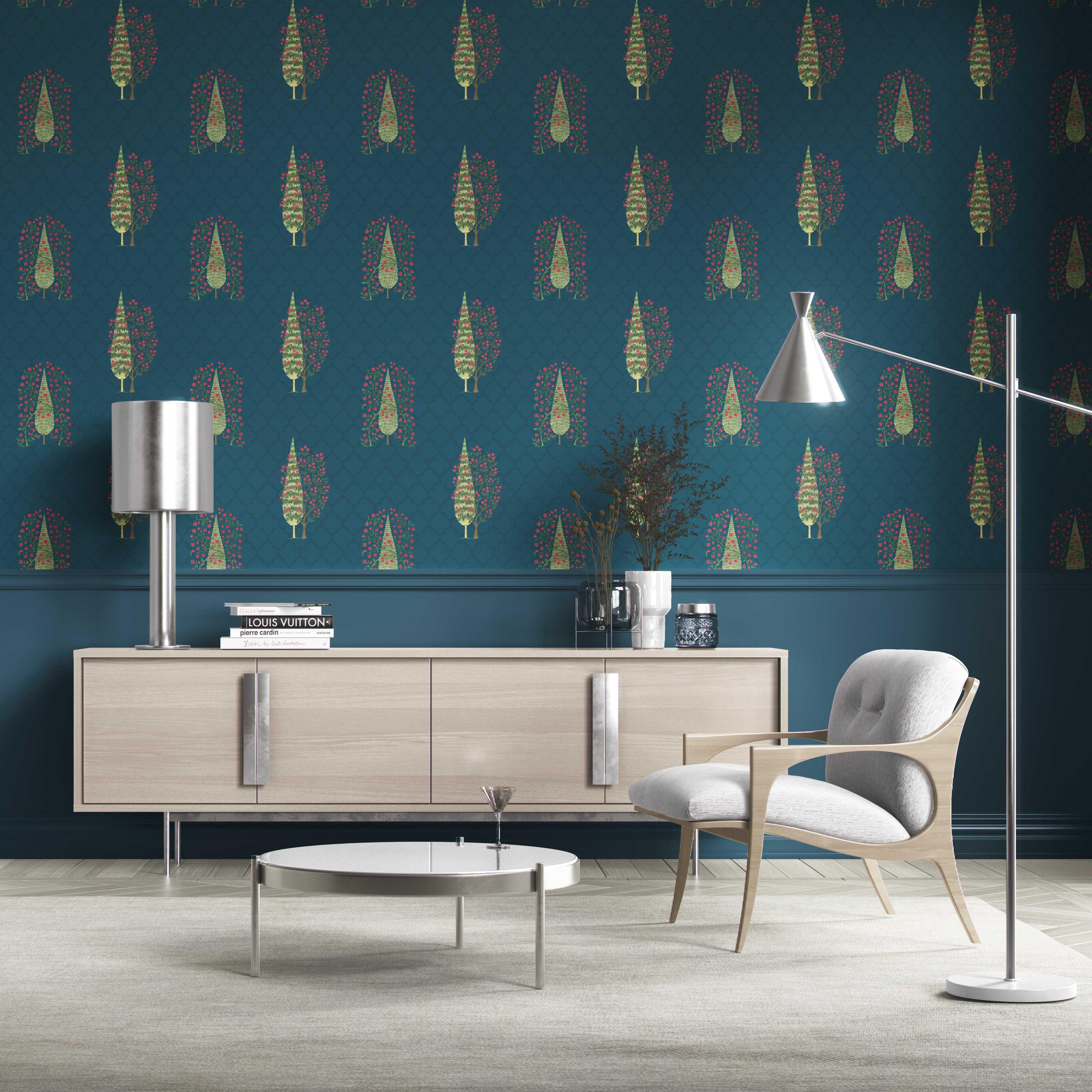 Botanical/ Floral Print Traditional Wallpaper (Teal Blue/ Pink/ Green)