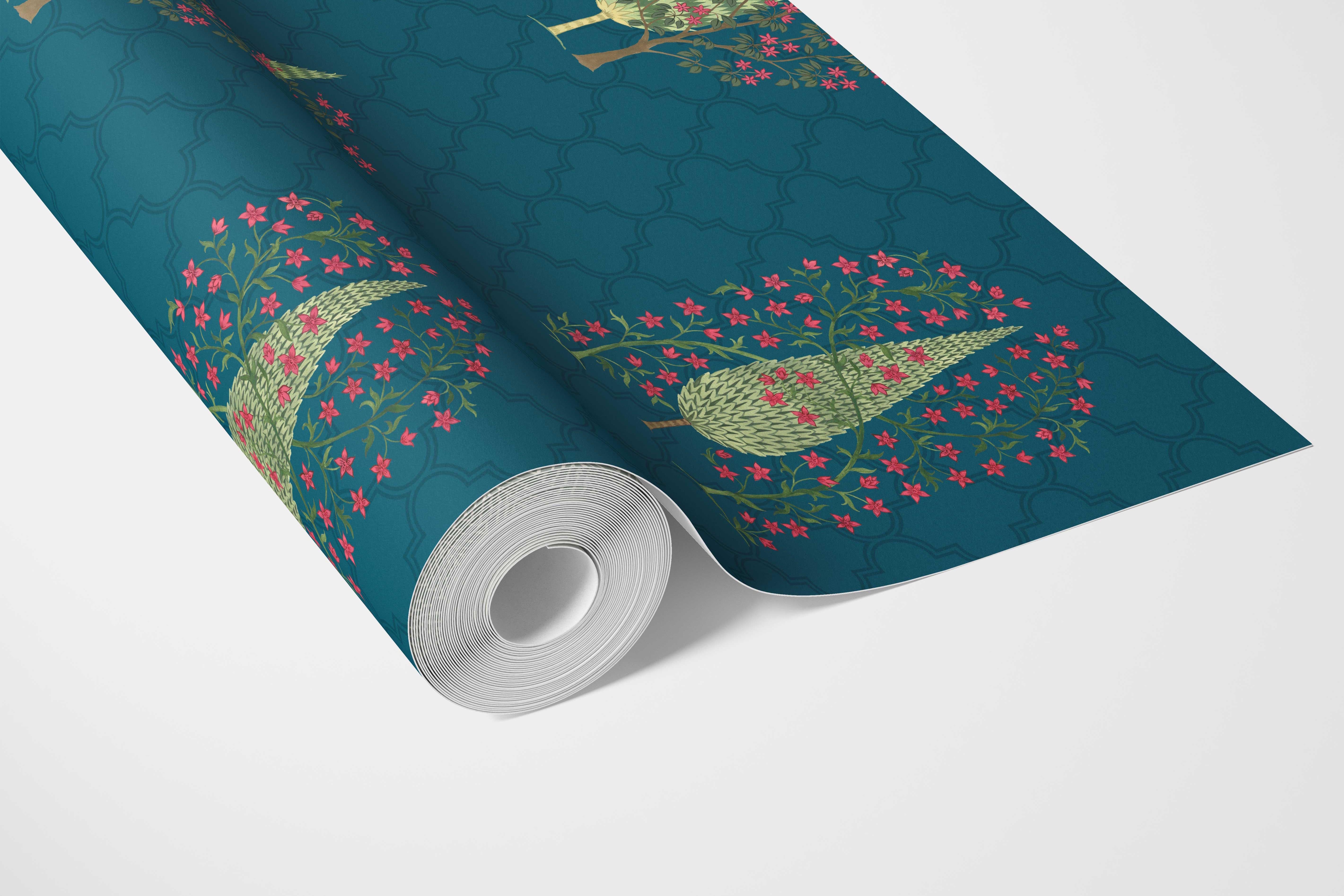 Botanical/ Floral Print Bathroom Wallpaper Sample (Teal Blue/ Pink/ Green)