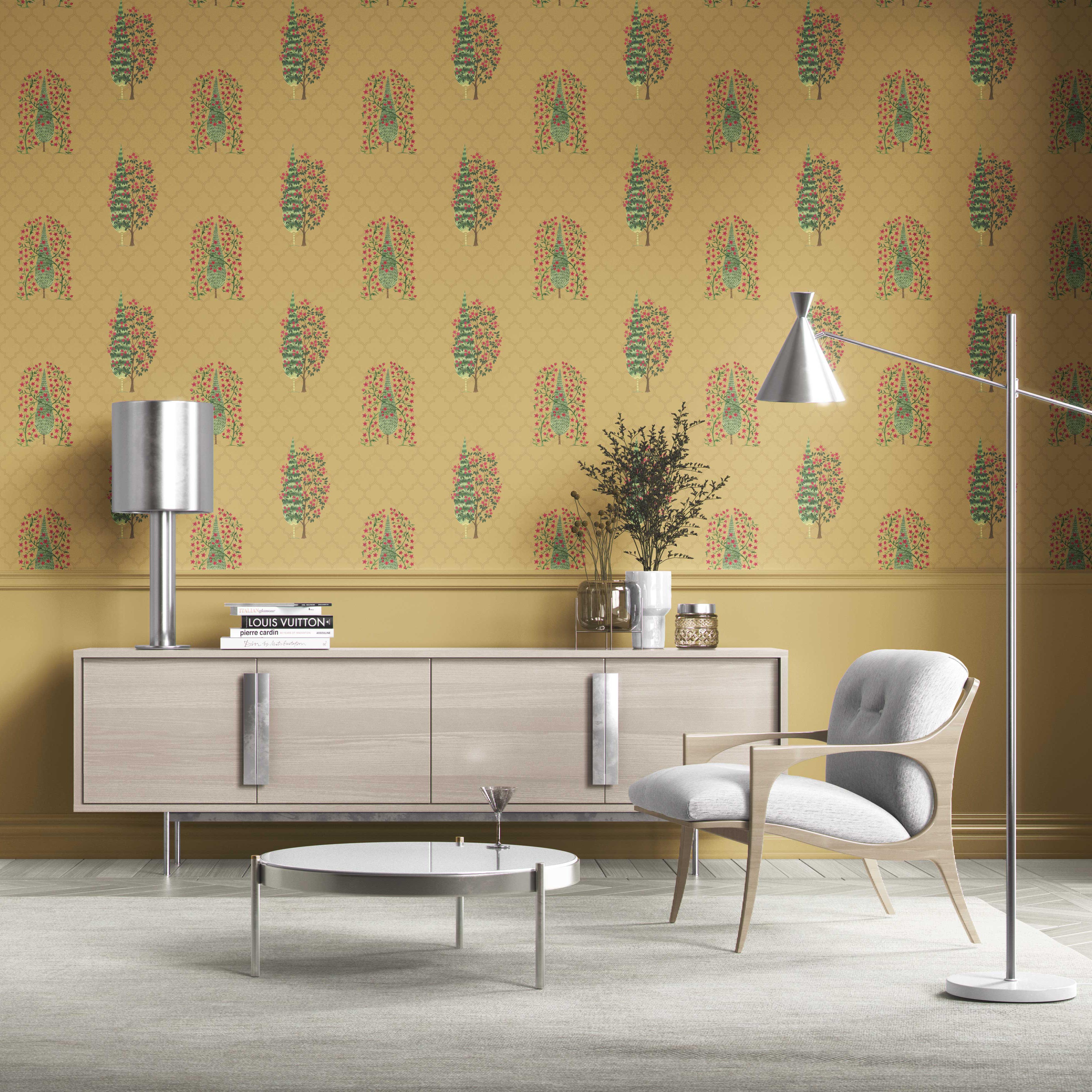 Botanical/ Floral Print Traditional Wallpaper (Yellow/ Pink/ Green)